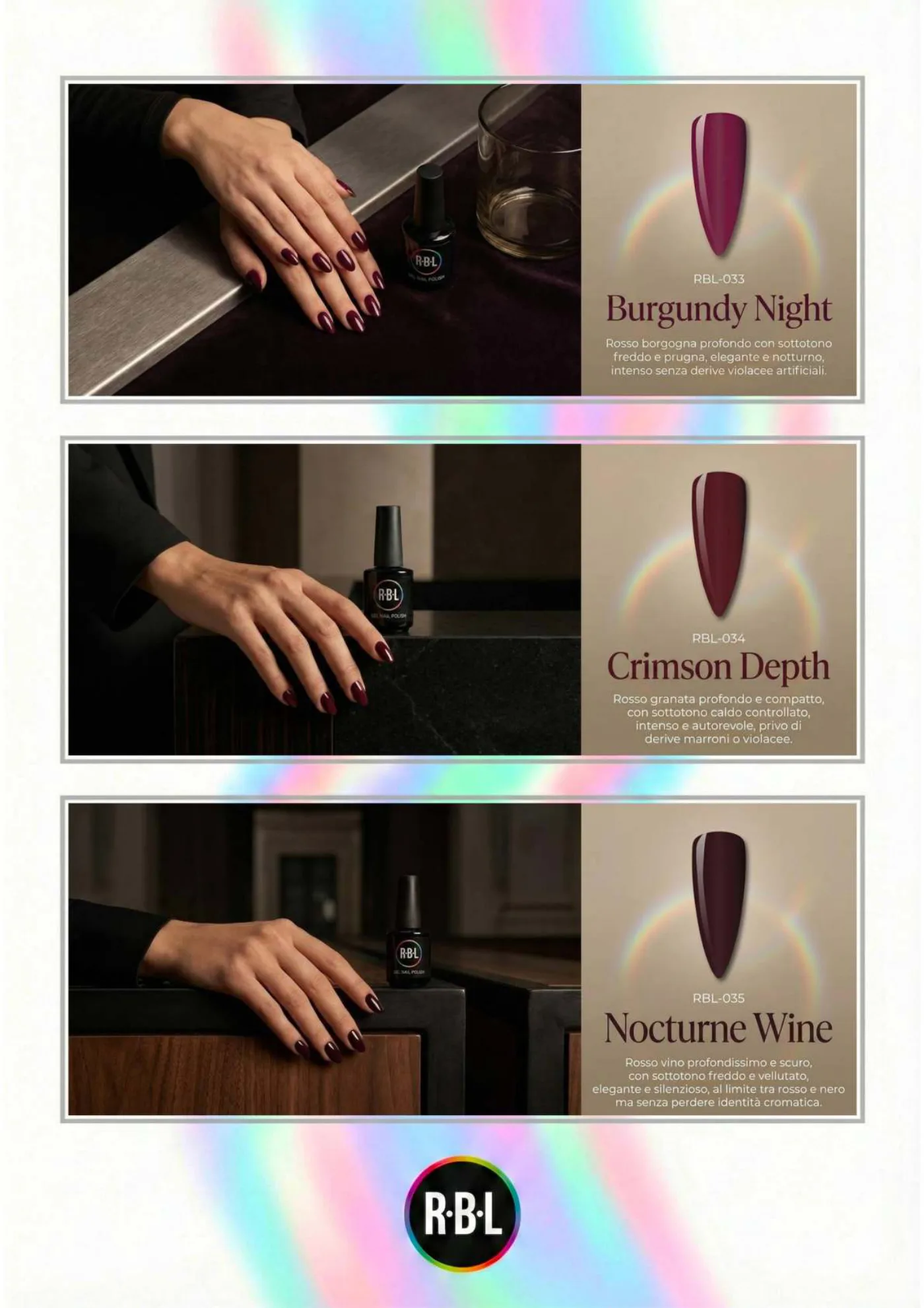 Pagina 52. Pagina dell’atlante cromatico su fondo chiaro. Tre moduli affiancano immagini di manicure, campioni di colore, nomi e codici delle tonalità.