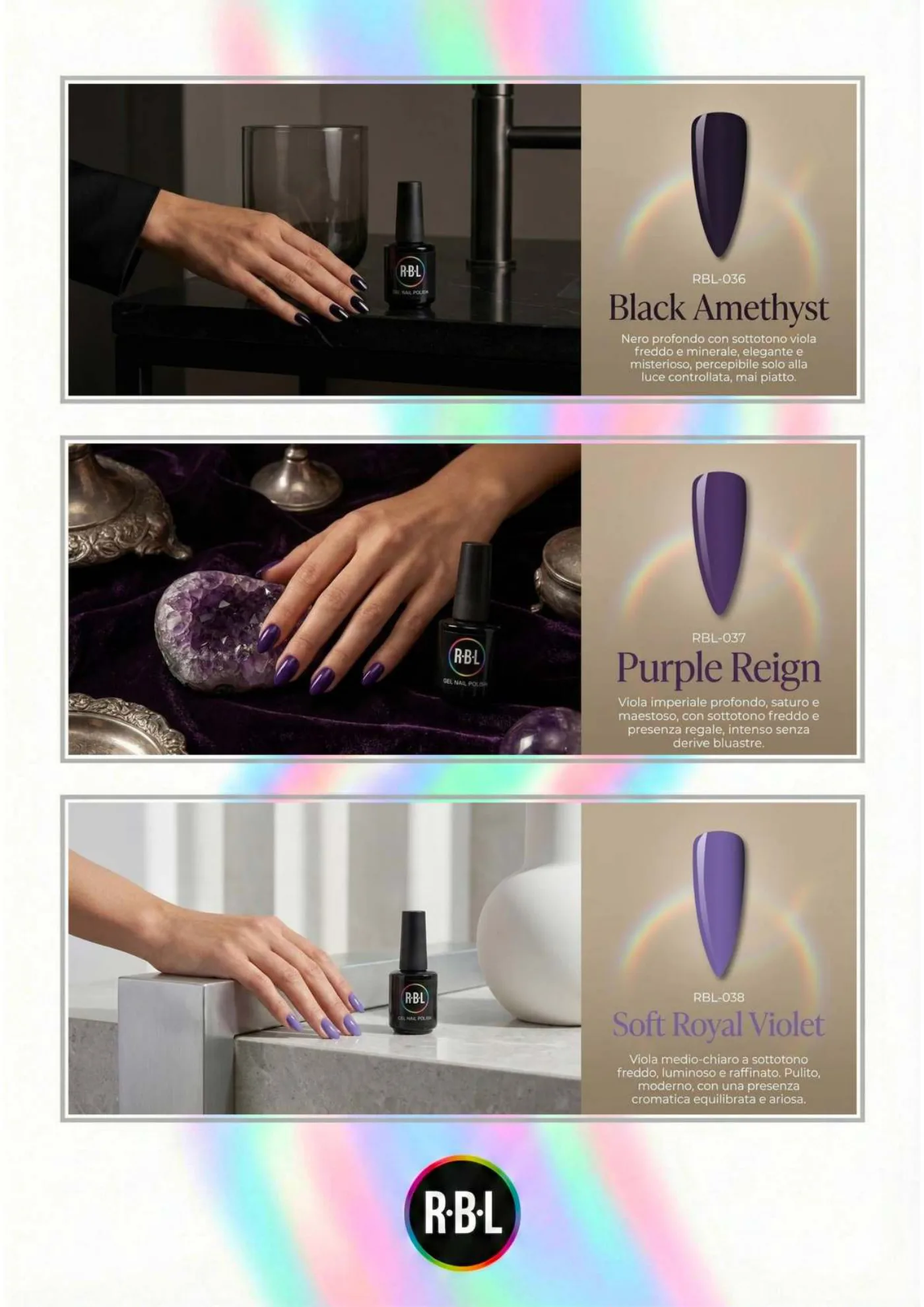 Pagina 53. Pagina dell’atlante cromatico su fondo chiaro. Tre moduli affiancano immagini di manicure, campioni di colore, nomi e codici delle tonalità.