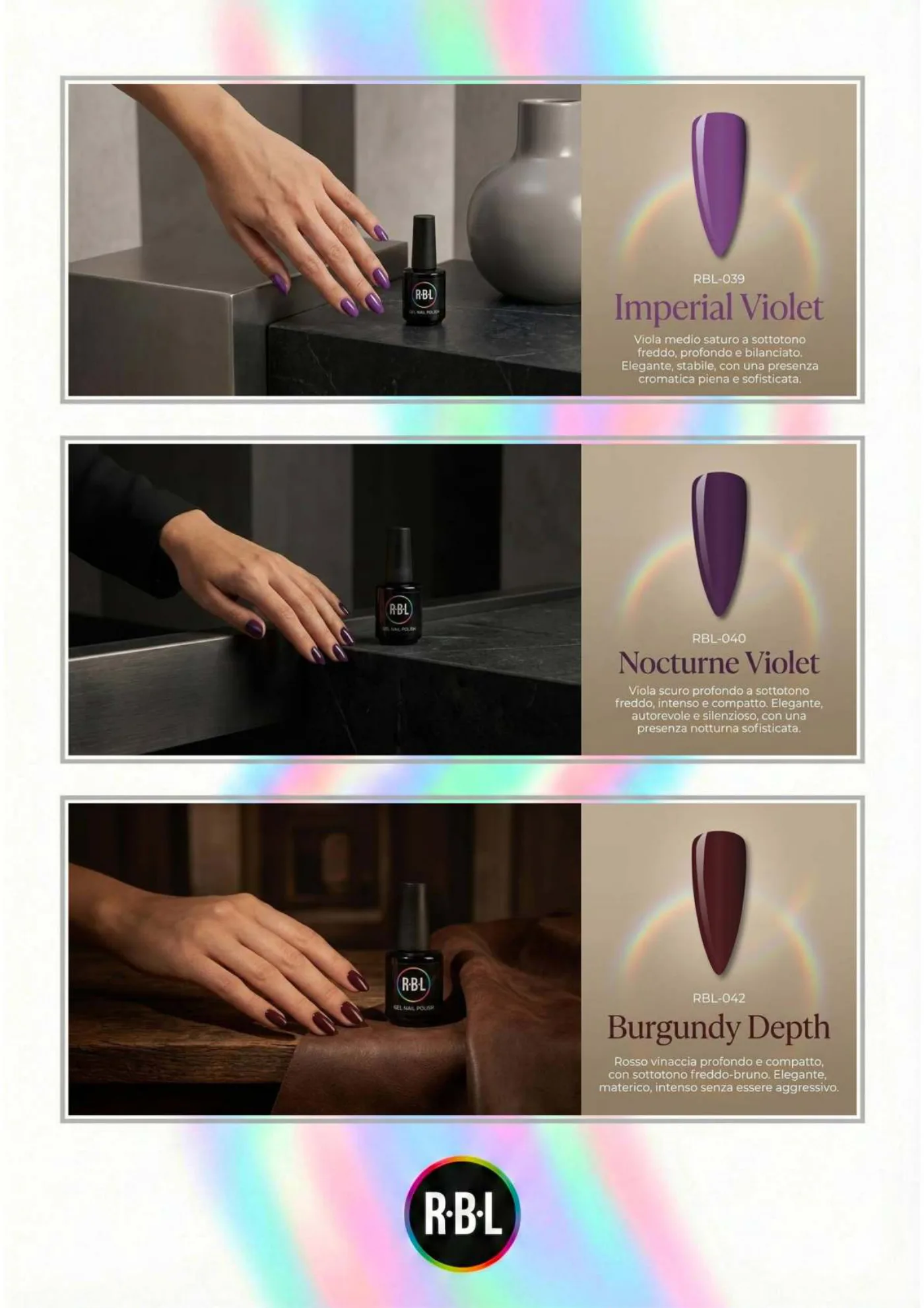 Pagina 54. Pagina dell’atlante cromatico su fondo chiaro. Tre moduli affiancano immagini di manicure, campioni di colore, nomi e codici delle tonalità.