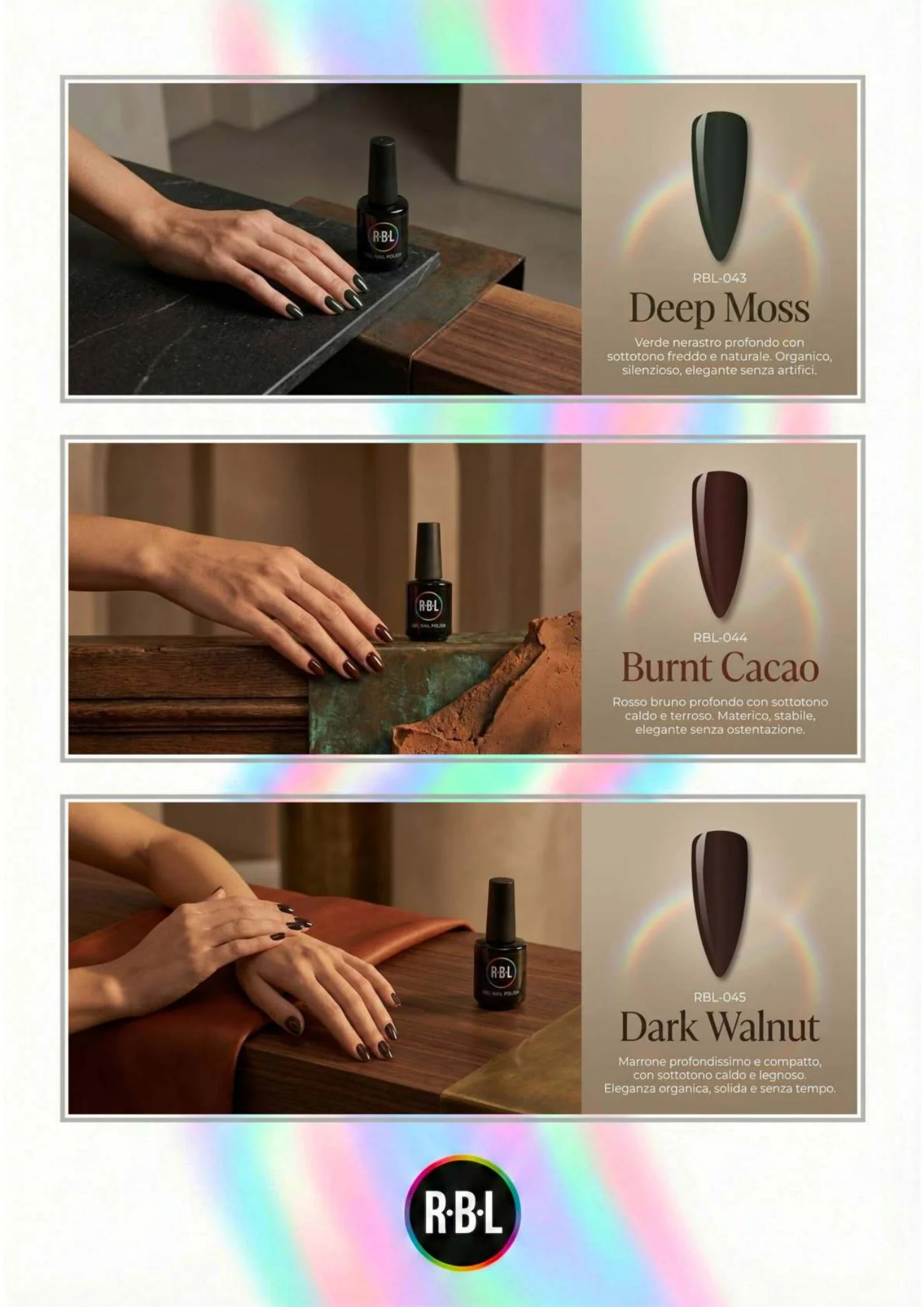 Pagina 55. Pagina dell’atlante cromatico su fondo chiaro. Tre moduli affiancano immagini di manicure, campioni di colore, nomi e codici delle tonalità.