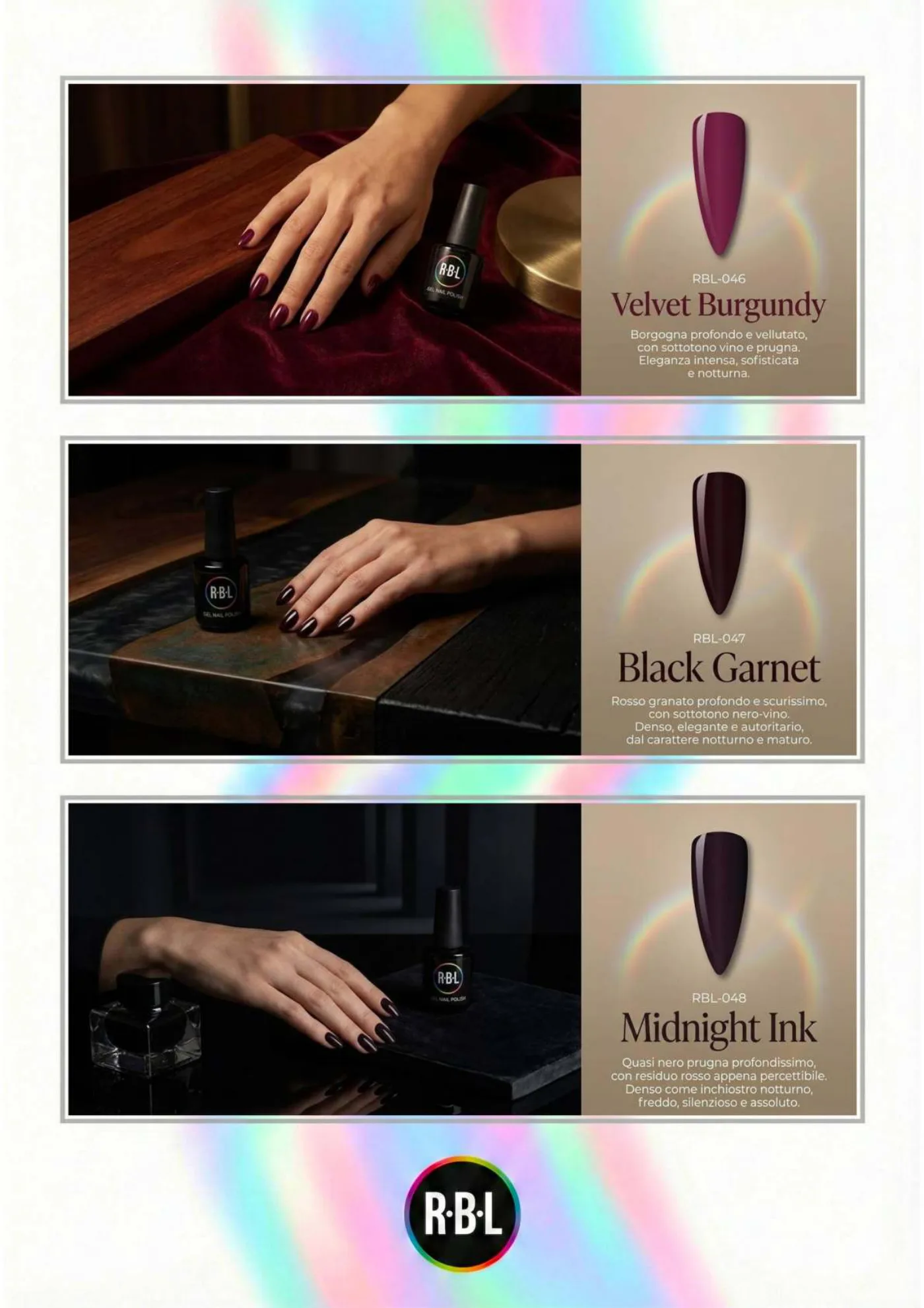 Pagina 56. Pagina dell’atlante cromatico su fondo chiaro. Tre moduli affiancano immagini di manicure, campioni di colore, nomi e codici delle tonalità.