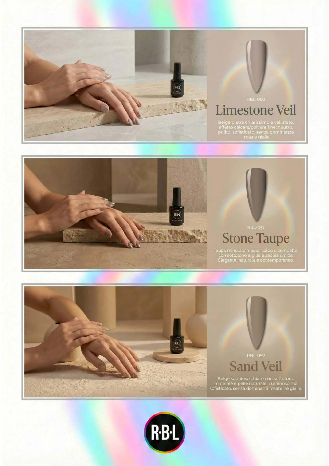 Pagina 57. Pagina dell’atlante cromatico su fondo chiaro. Tre moduli affiancano immagini di manicure, campioni di colore, nomi e codici delle tonalità.