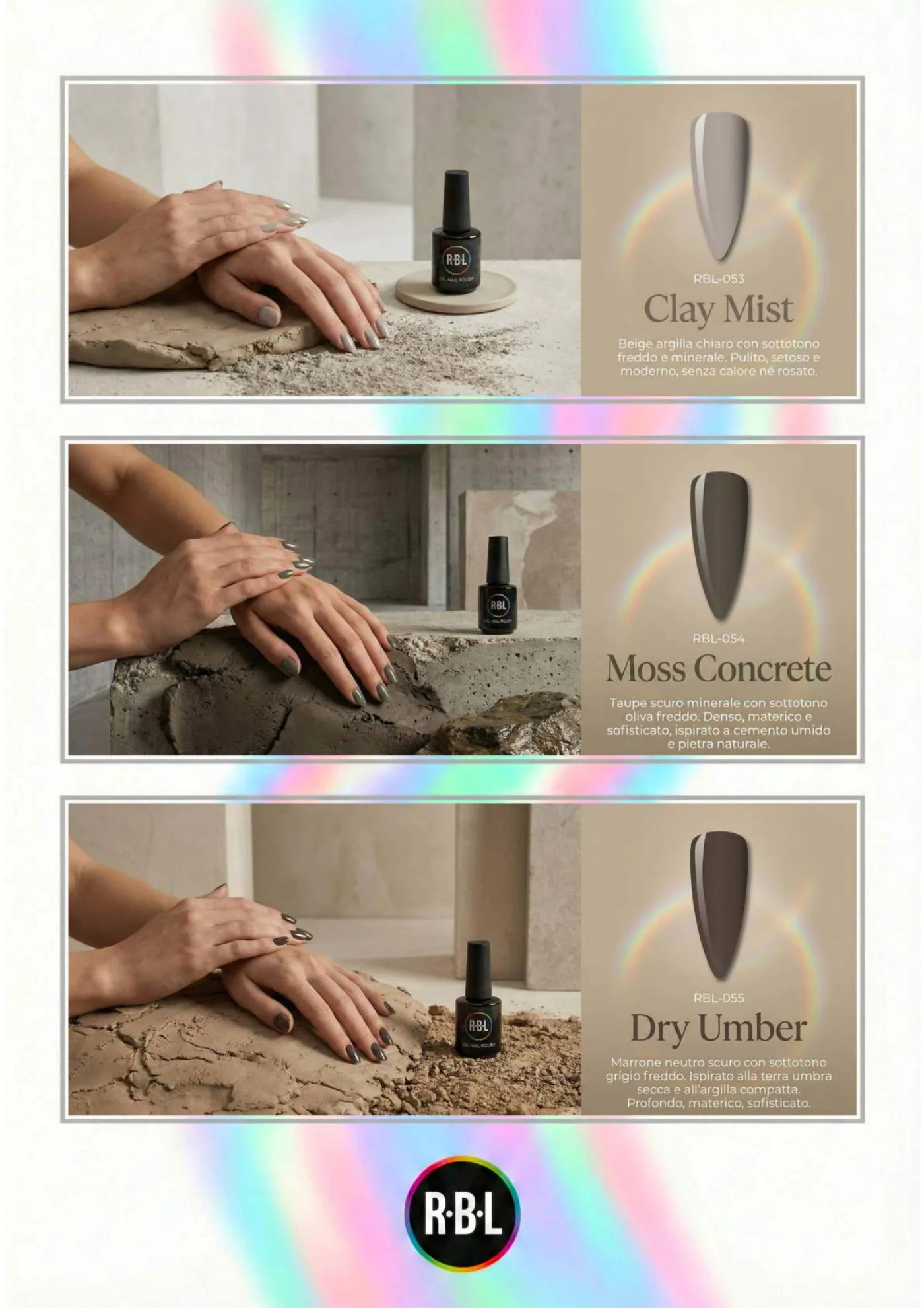 Pagina 58. Pagina dell’atlante cromatico su fondo chiaro. Tre moduli affiancano immagini di manicure, campioni di colore, nomi e codici delle tonalità.