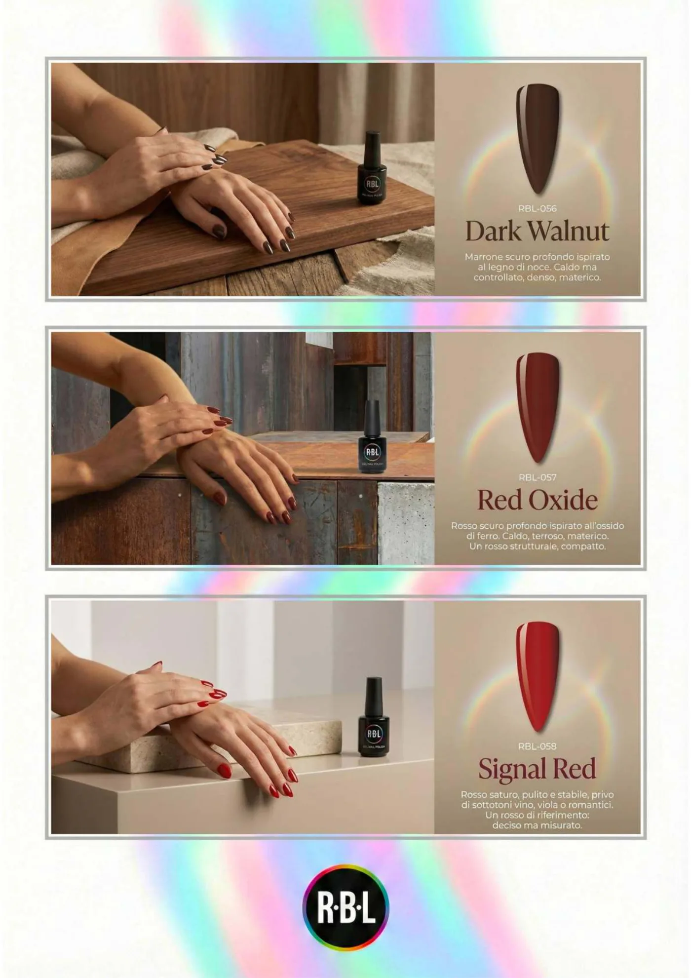 Pagina 59. Pagina dell’atlante cromatico su fondo chiaro. Tre moduli affiancano immagini di manicure, campioni di colore, nomi e codici delle tonalità.