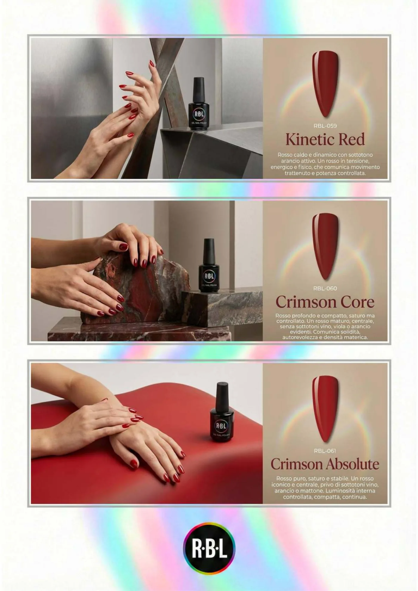 Pagina 60. Pagina dell’atlante cromatico su fondo chiaro. Tre moduli affiancano immagini di manicure, campioni di colore, nomi e codici delle tonalità.