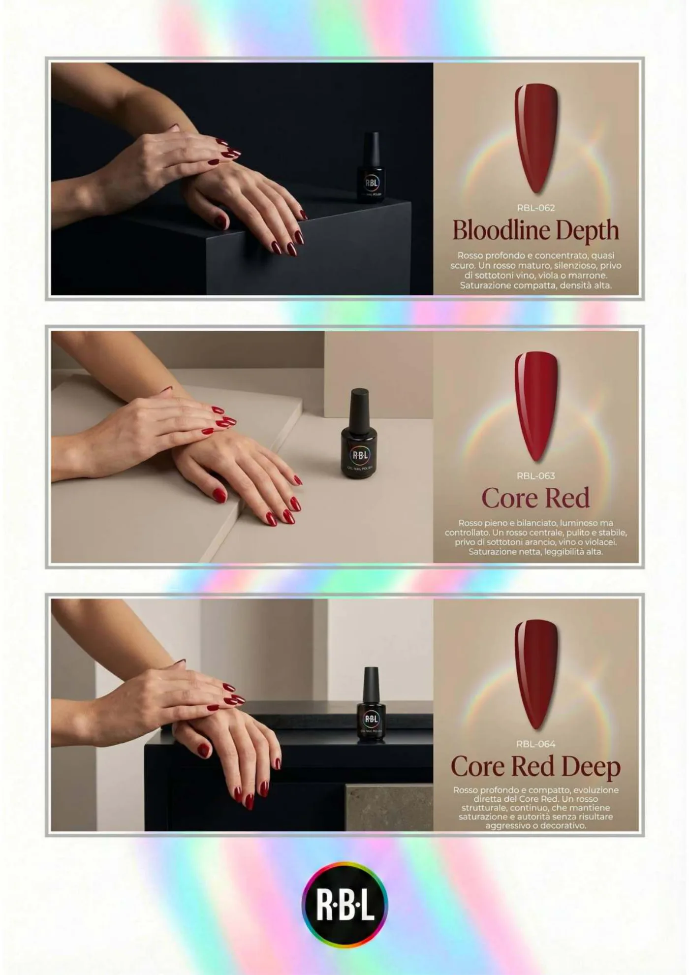 Pagina 61. Pagina dell’atlante cromatico su fondo chiaro. Tre moduli affiancano immagini di manicure, campioni di colore, nomi e codici delle tonalità.