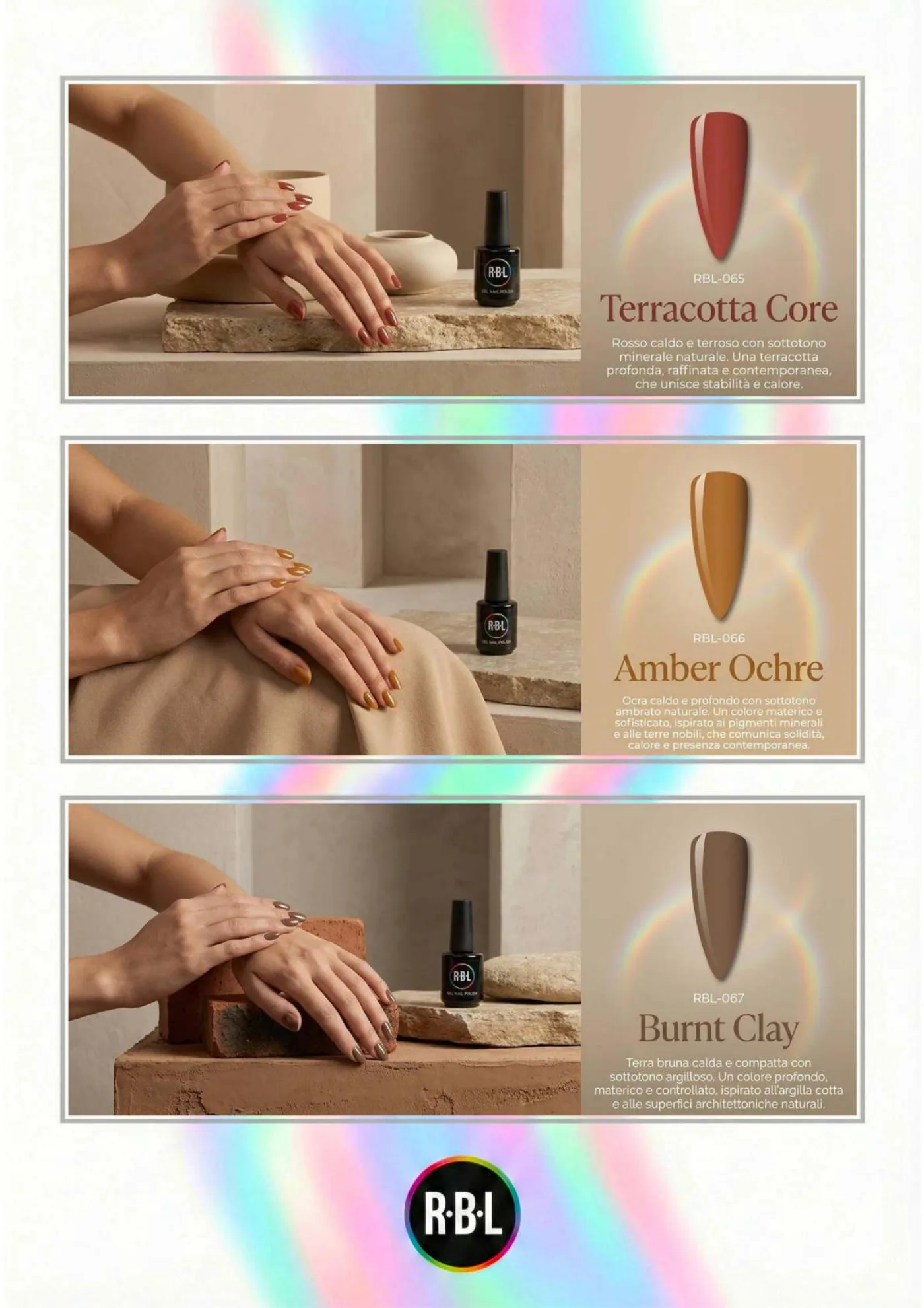 Pagina 62. Pagina dell’atlante cromatico su fondo chiaro. Tre moduli affiancano immagini di manicure, campioni di colore, nomi e codici delle tonalità.