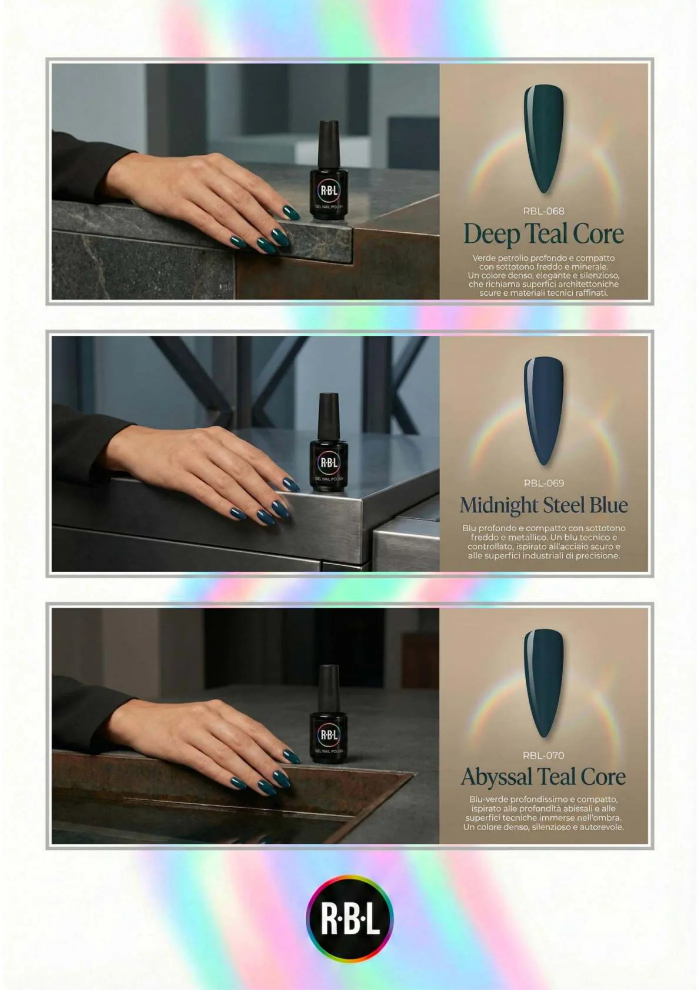Pagina 63. Pagina dell’atlante cromatico su fondo chiaro. Tre moduli affiancano immagini di manicure, campioni di colore, nomi e codici delle tonalità.