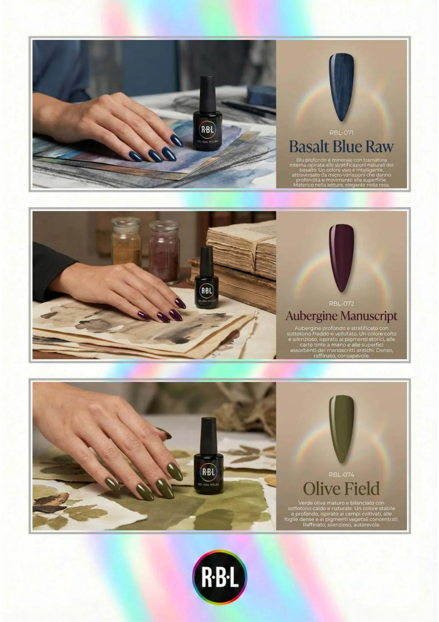Pagina 64. Pagina dell’atlante cromatico su fondo chiaro. Tre moduli affiancano immagini di manicure, campioni di colore, nomi e codici delle tonalità.