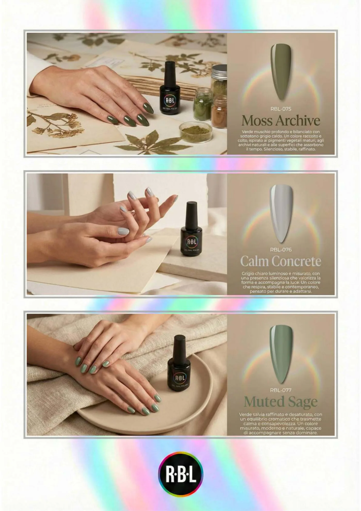 Pagina 65. Pagina dell’atlante cromatico su fondo chiaro. Tre moduli affiancano immagini di manicure, campioni di colore, nomi e codici delle tonalità.