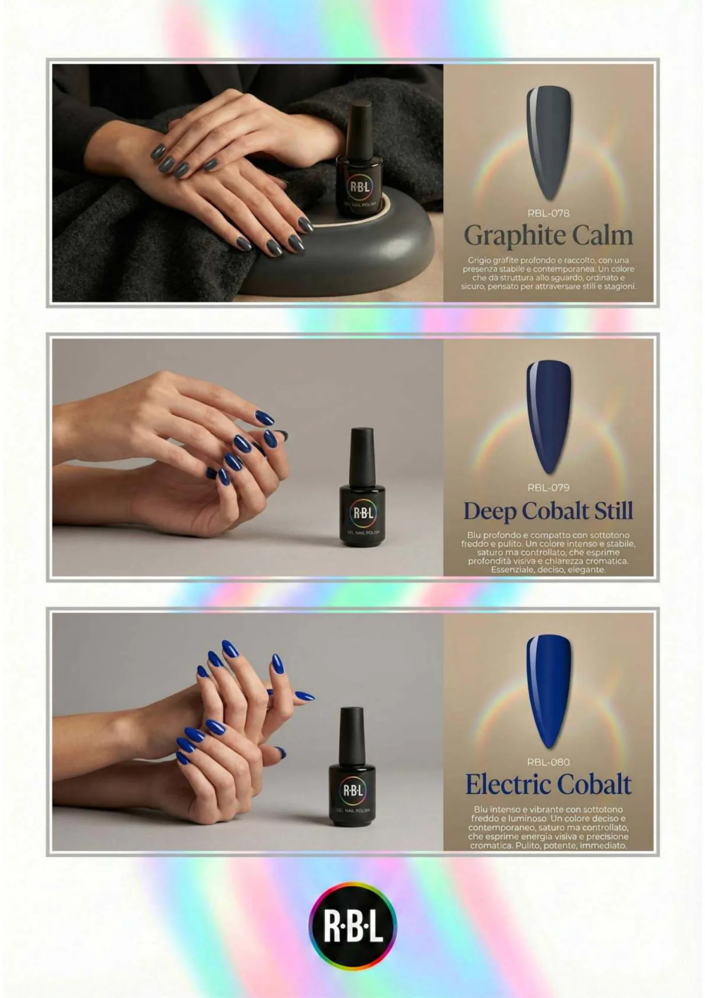 Pagina 66. Pagina dell’atlante cromatico su fondo chiaro. Tre moduli affiancano immagini di manicure, campioni di colore, nomi e codici delle tonalità.