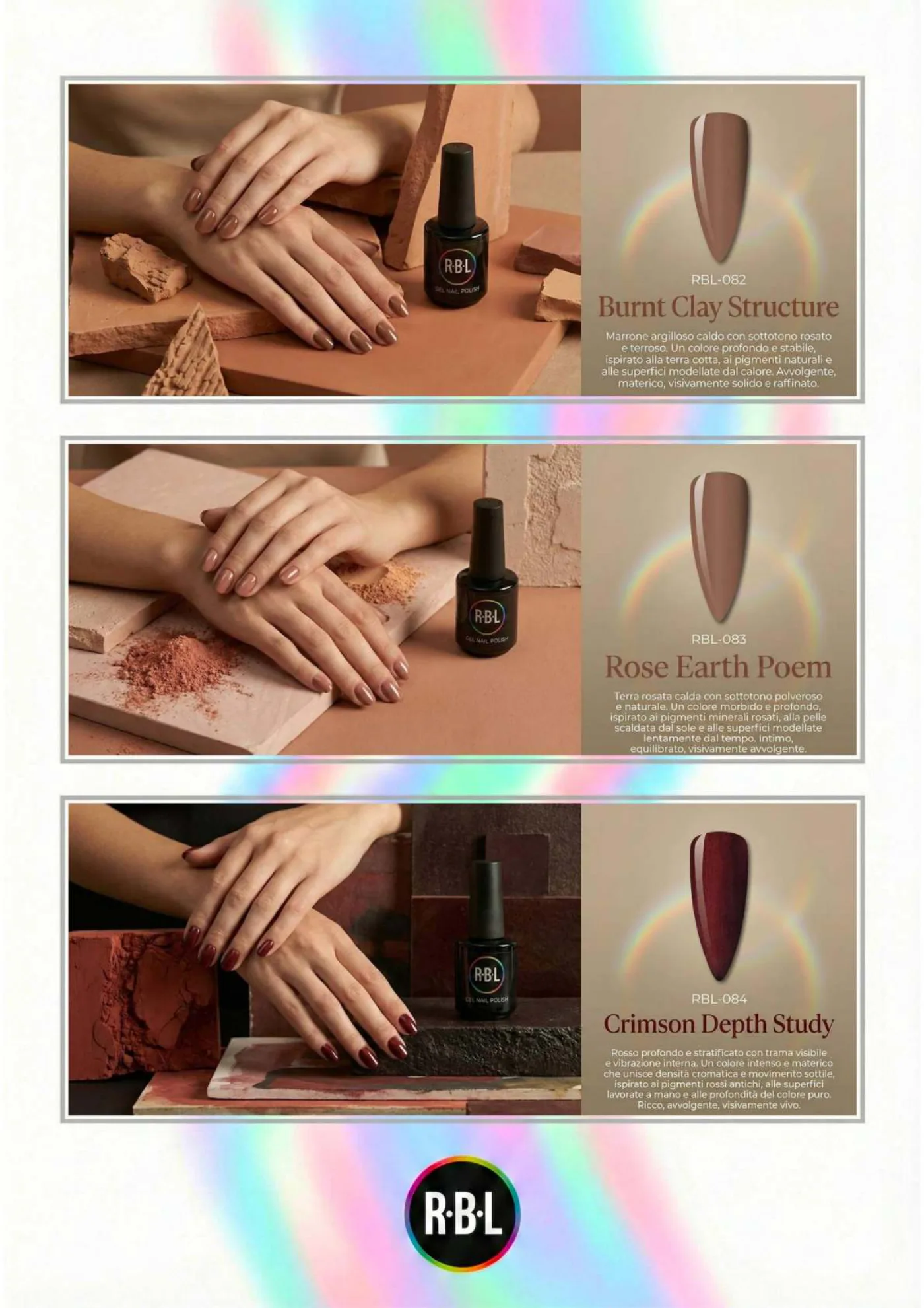 Pagina 67. Pagina dell’atlante cromatico su fondo chiaro. Tre moduli affiancano immagini di manicure, campioni di colore, nomi e codici delle tonalità.
