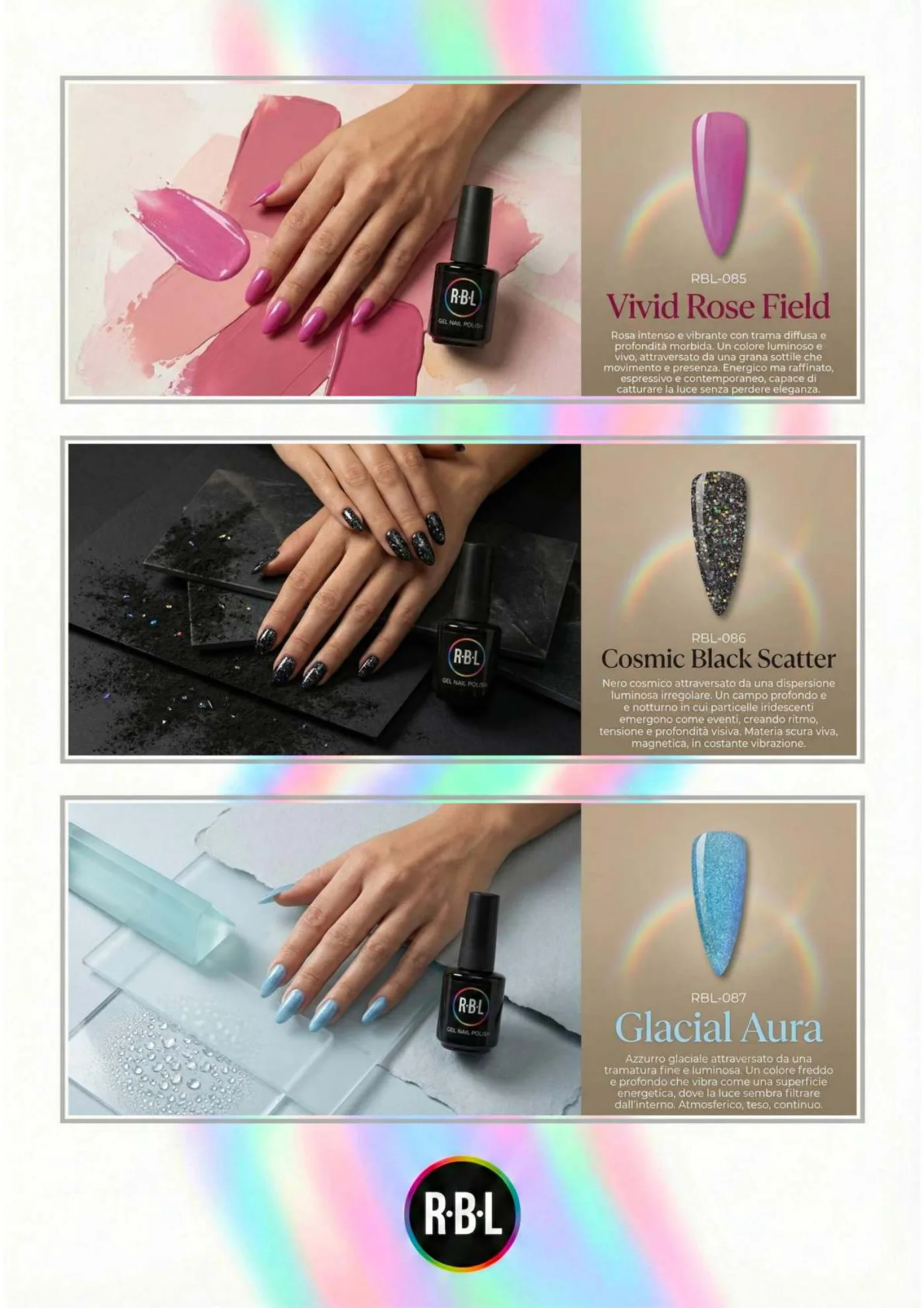 Pagina 68. Pagina dell’atlante cromatico su fondo chiaro. Tre moduli affiancano immagini di manicure, campioni di colore, nomi e codici delle tonalità.