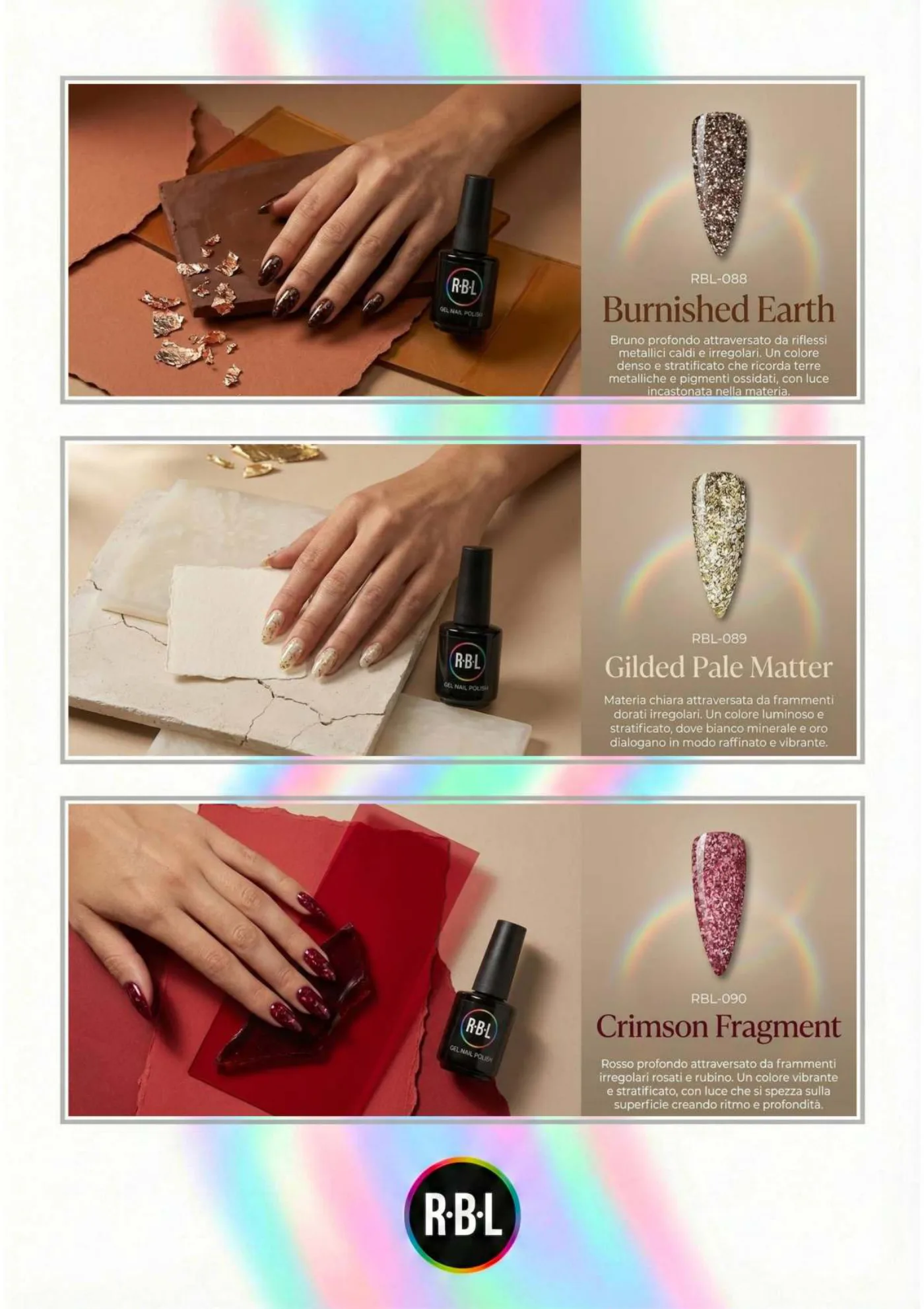 Pagina 69. Pagina dell’atlante cromatico su fondo chiaro. Tre moduli affiancano immagini di manicure, campioni di colore, nomi e codici delle tonalità.