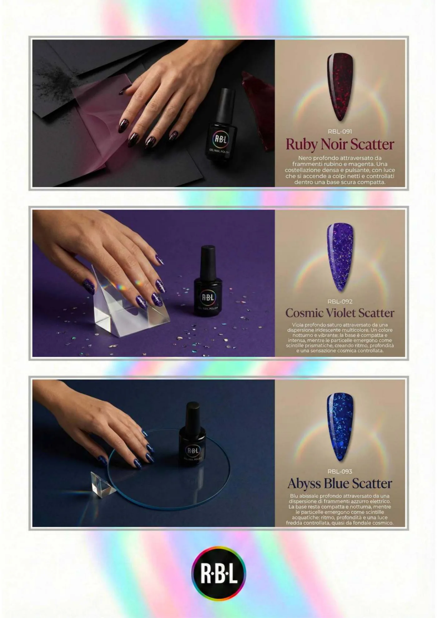 Pagina 70. Pagina dell’atlante cromatico su fondo chiaro. Tre moduli affiancano immagini di manicure, campioni di colore, nomi e codici delle tonalità.