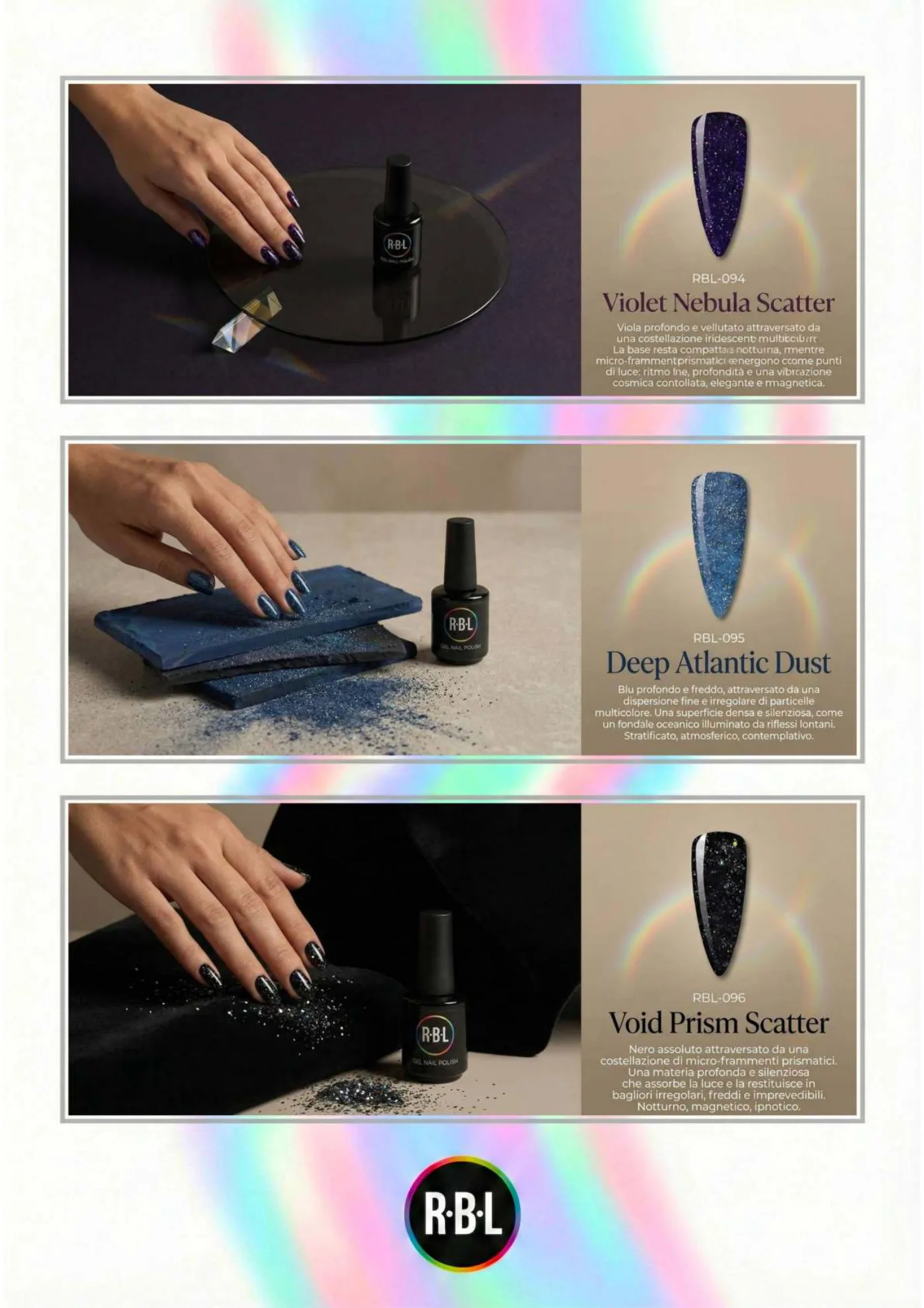 Pagina 71. Pagina dell’atlante cromatico su fondo chiaro. Tre moduli affiancano immagini di manicure, campioni di colore, nomi e codici delle tonalità.
