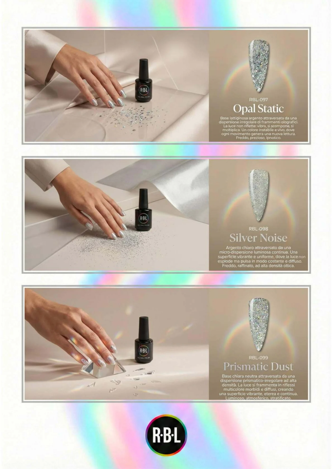 Pagina 72. Pagina dell’atlante cromatico su fondo chiaro. Tre moduli affiancano immagini di manicure, campioni di colore, nomi e codici delle tonalità.