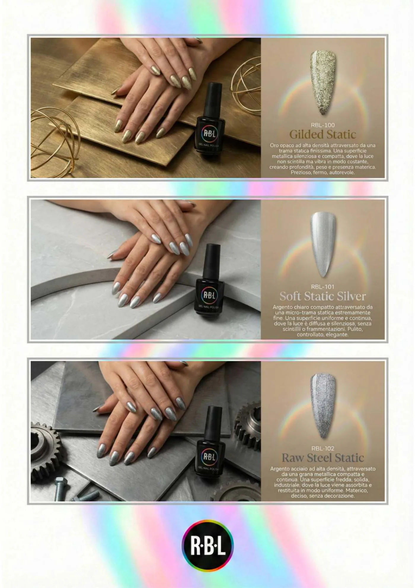 Pagina 73. Pagina dell’atlante cromatico su fondo chiaro. Tre moduli affiancano immagini di manicure, campioni di colore, nomi e codici delle tonalità.