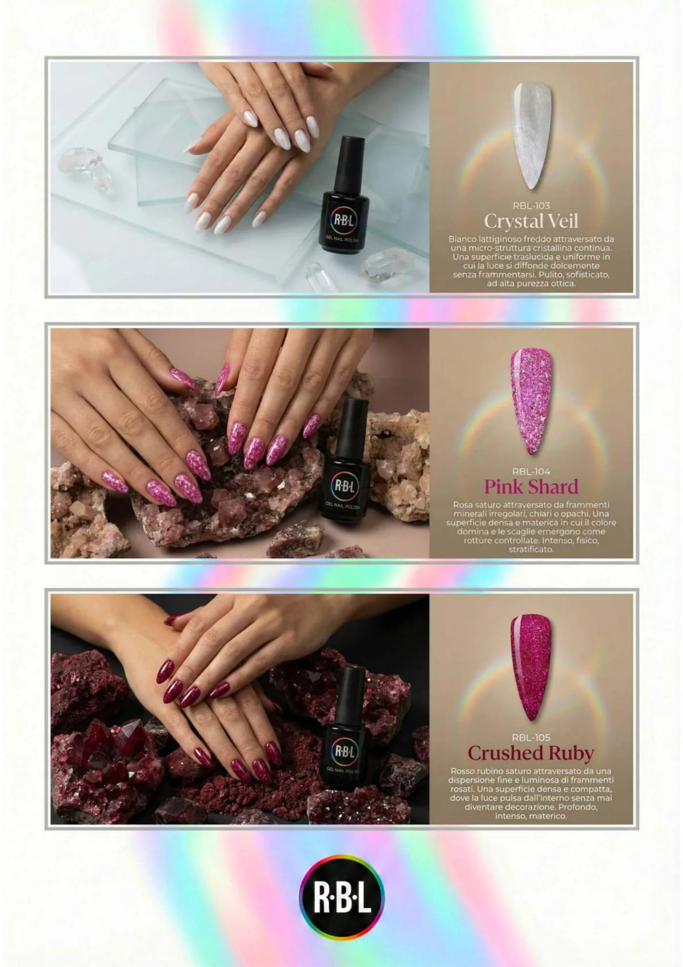 Pagina 74. Pagina dell’atlante cromatico su fondo chiaro. Tre moduli affiancano immagini di manicure, campioni di colore, nomi e codici delle tonalità.