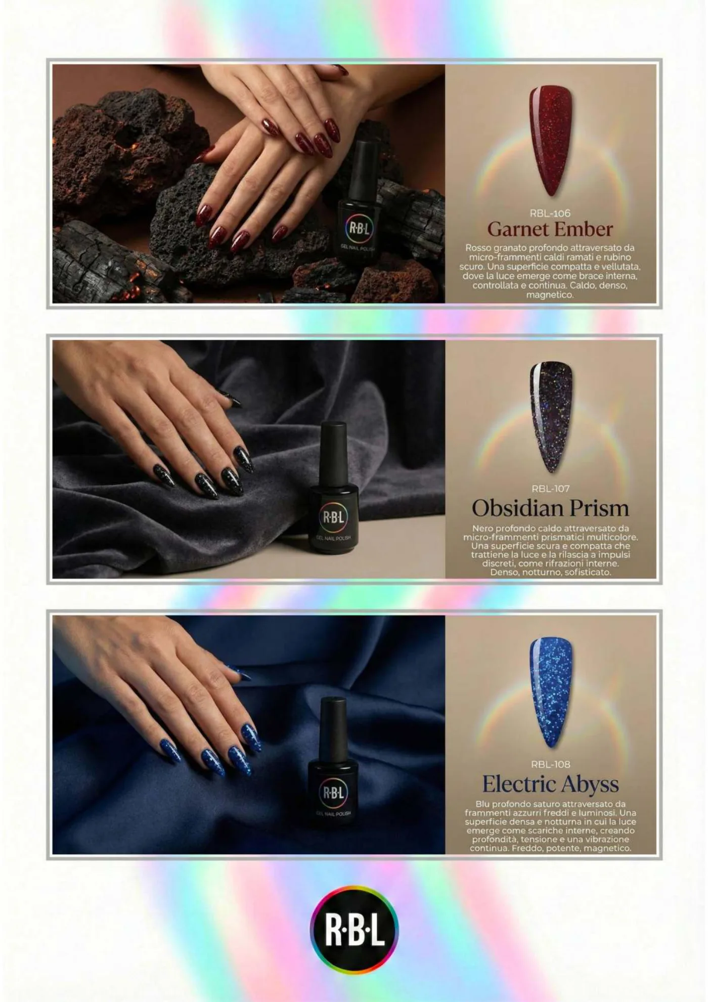 Pagina 75. Pagina dell’atlante cromatico su fondo chiaro. Tre moduli affiancano immagini di manicure, campioni di colore, nomi e codici delle tonalità.