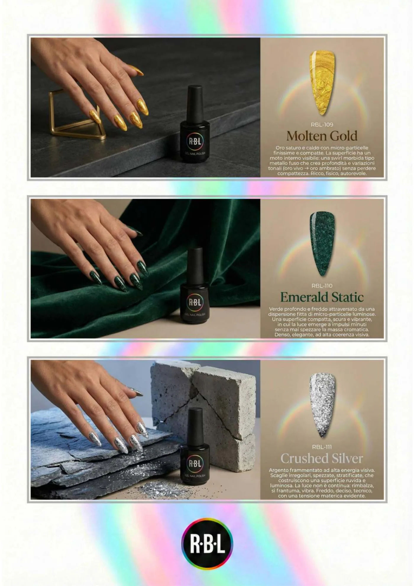 Pagina 76. Pagina dell’atlante cromatico su fondo chiaro. Tre moduli affiancano immagini di manicure, campioni di colore, nomi e codici delle tonalità.
