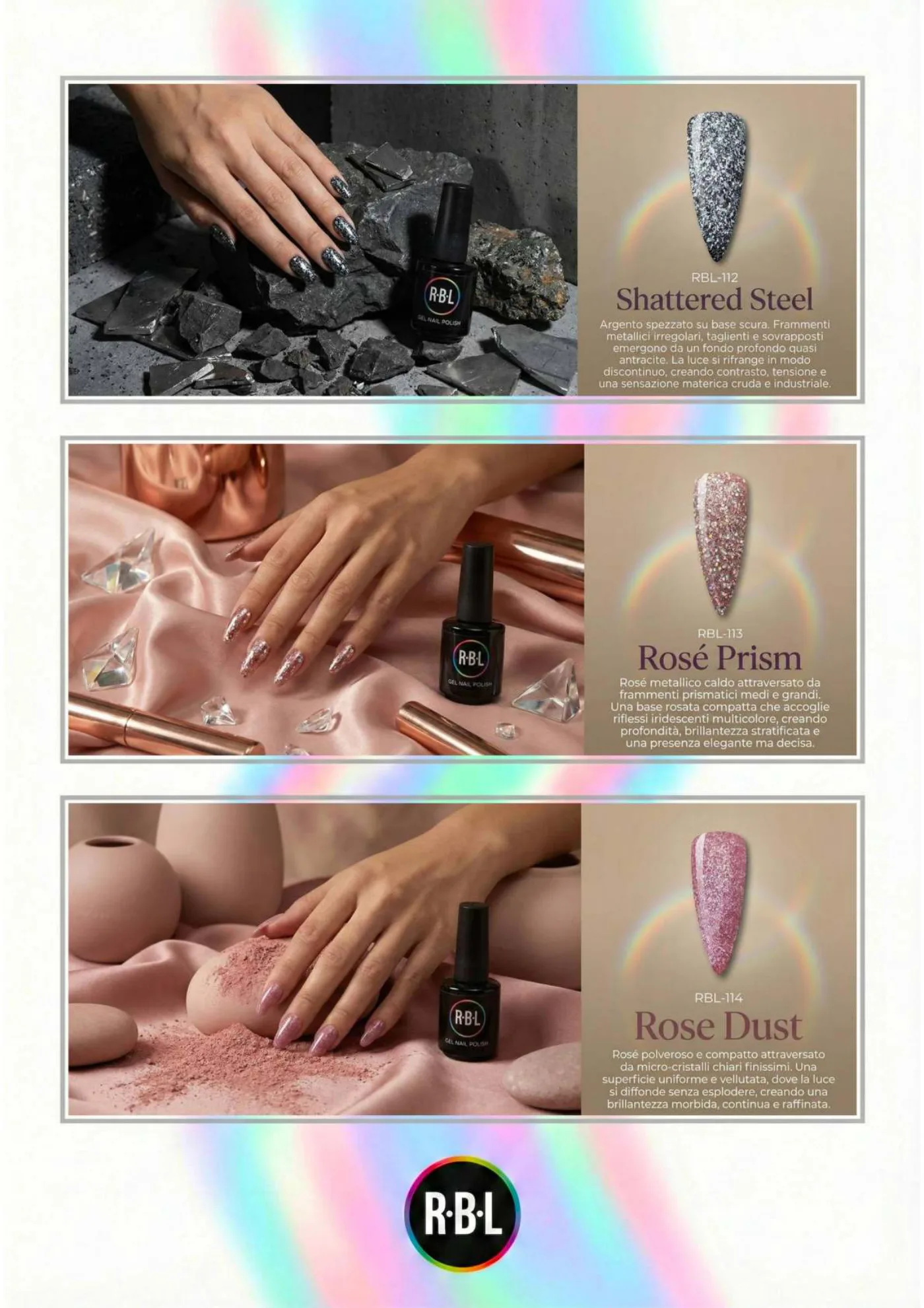Pagina 77. Pagina dell’atlante cromatico su fondo chiaro. Tre moduli affiancano immagini di manicure, campioni di colore, nomi e codici delle tonalità.