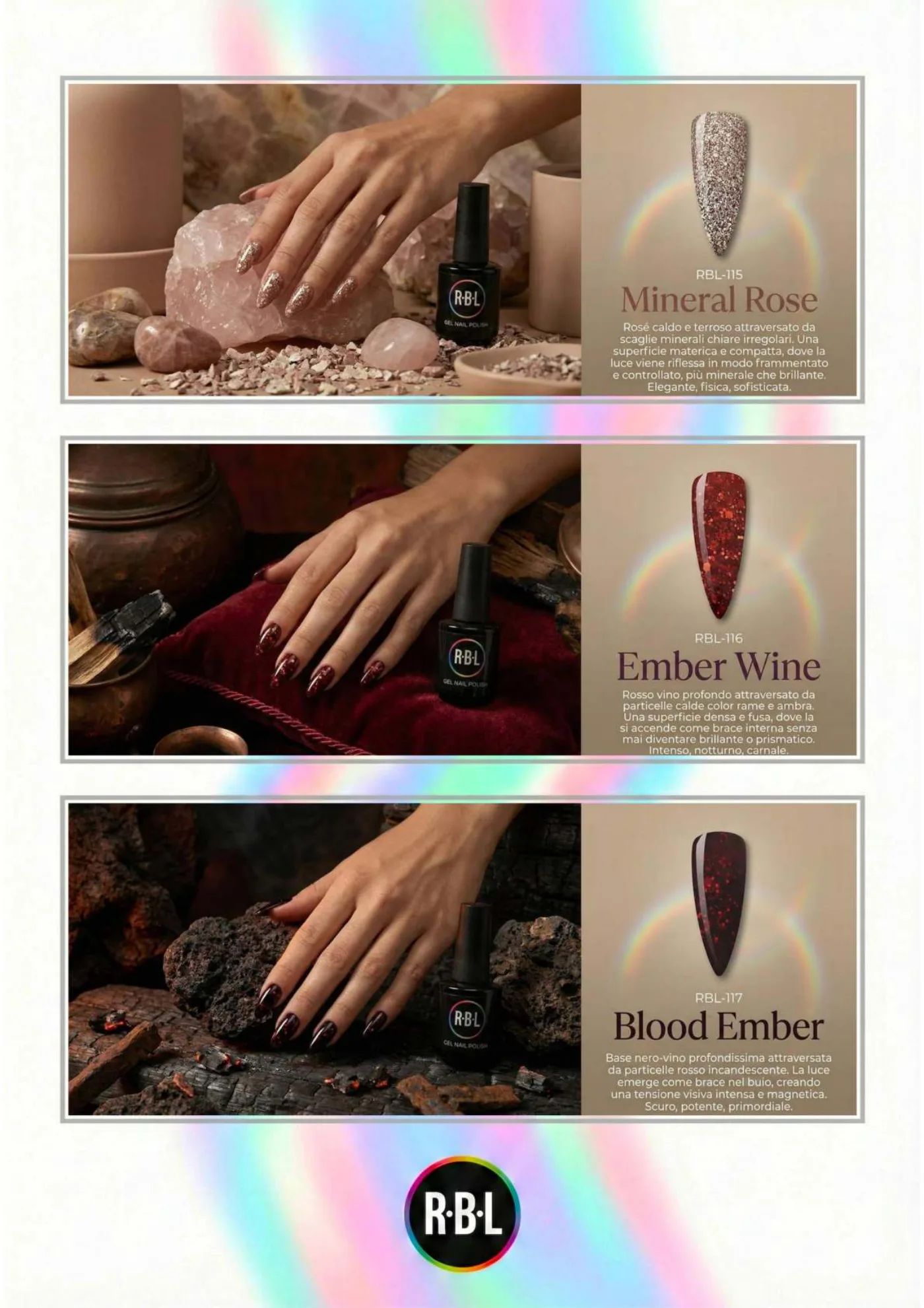 Pagina 78. Pagina dell’atlante cromatico su fondo chiaro. Tre moduli affiancano immagini di manicure, campioni di colore, nomi e codici delle tonalità.