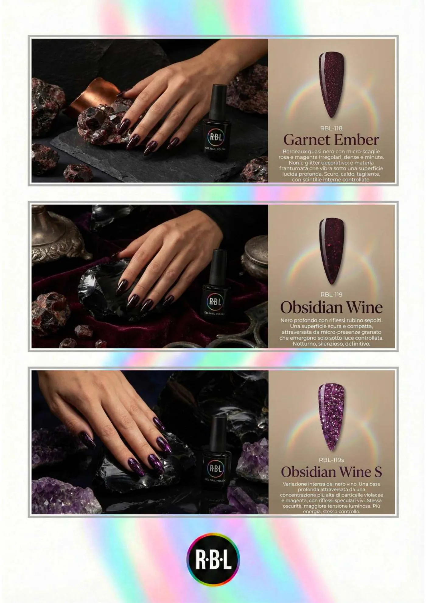 Pagina 79. Pagina dell’atlante cromatico su fondo chiaro. Tre moduli affiancano immagini di manicure, campioni di colore, nomi e codici delle tonalità.