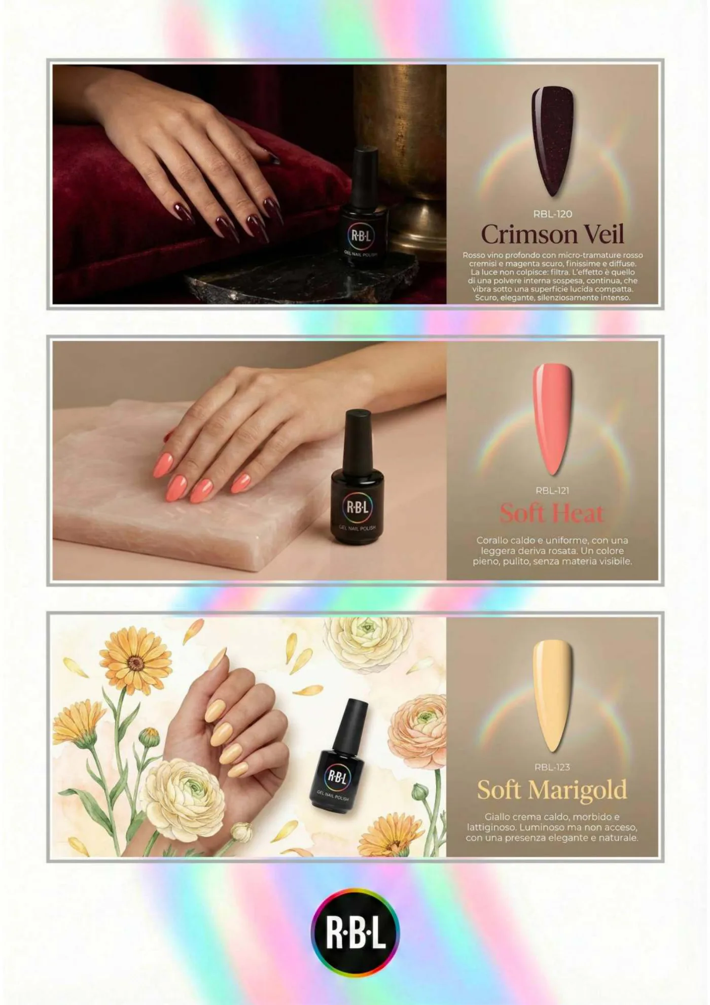 Pagina 80. Pagina dell’atlante cromatico su fondo chiaro. Tre moduli affiancano immagini di manicure, campioni di colore, nomi e codici delle tonalità.
