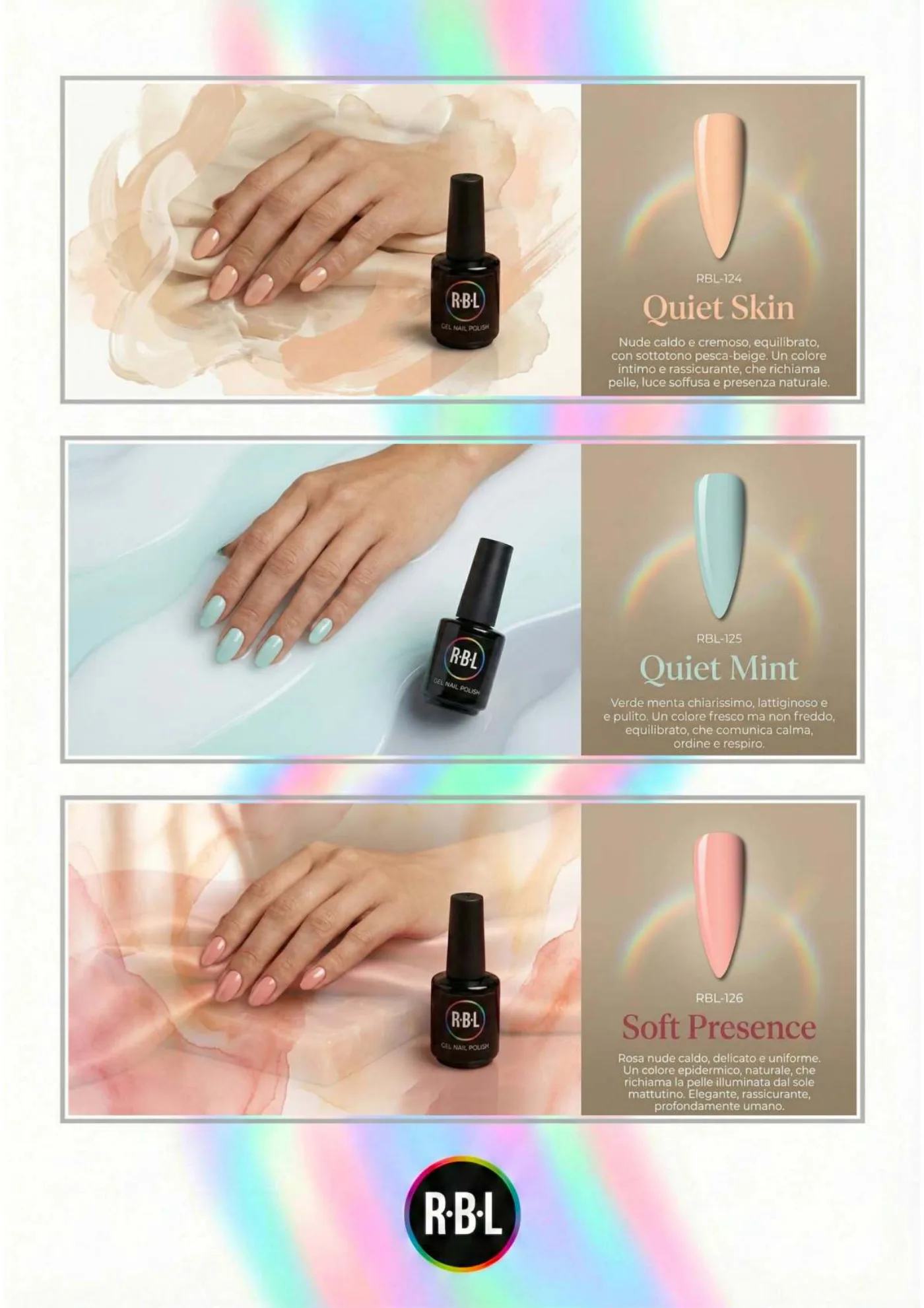 Pagina 81. Pagina dell’atlante cromatico su fondo chiaro. Tre moduli affiancano immagini di manicure, campioni di colore, nomi e codici delle tonalità.