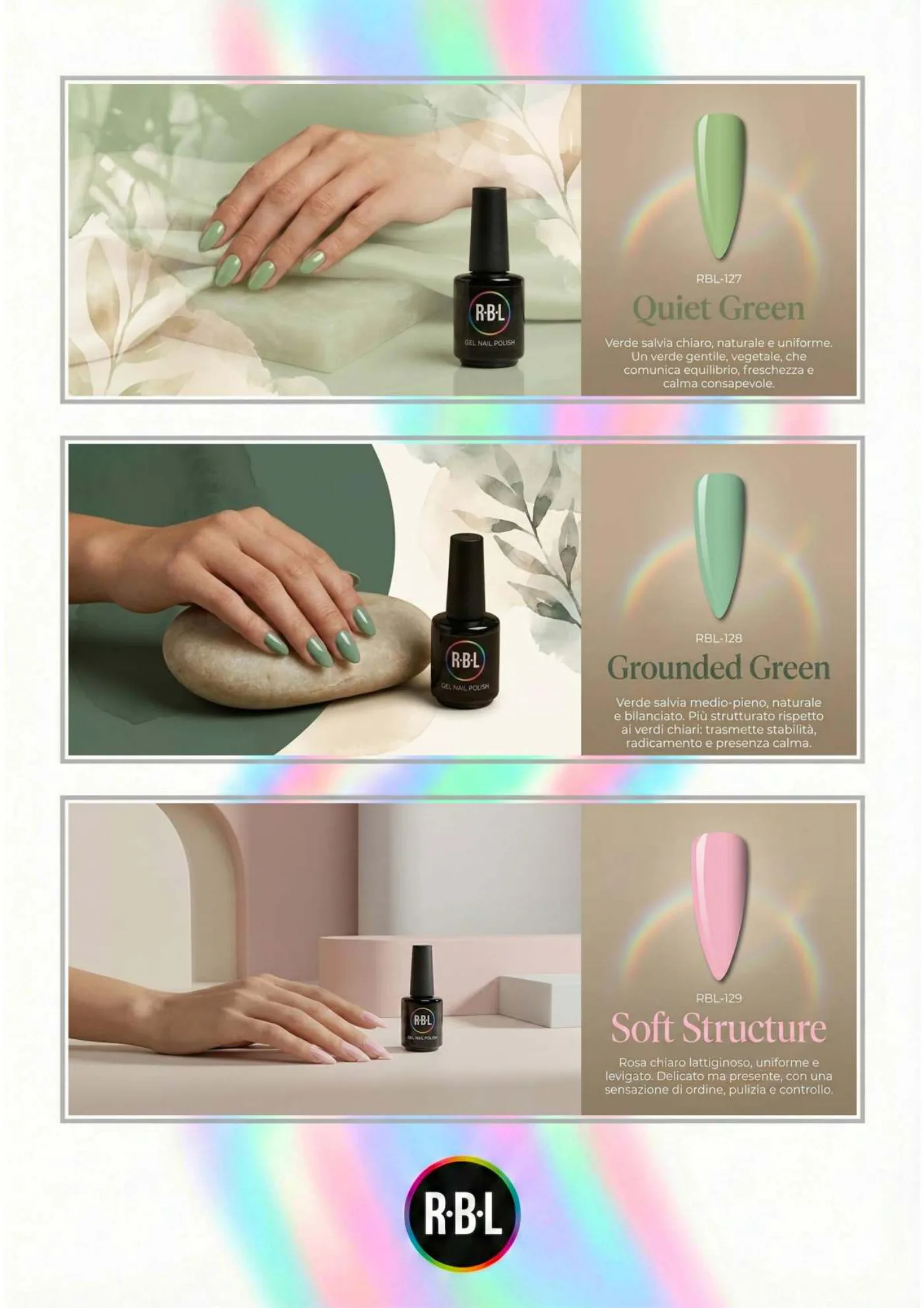 Pagina 82. Pagina dell’atlante cromatico su fondo chiaro. Tre moduli affiancano immagini di manicure, campioni di colore, nomi e codici delle tonalità.