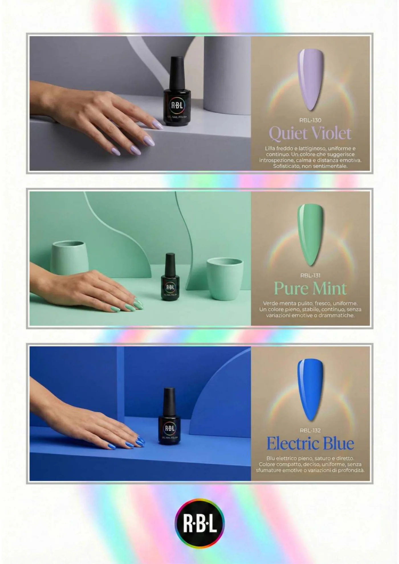 Pagina 83. Pagina dell’atlante cromatico su fondo chiaro. Tre moduli affiancano immagini di manicure, campioni di colore, nomi e codici delle tonalità.