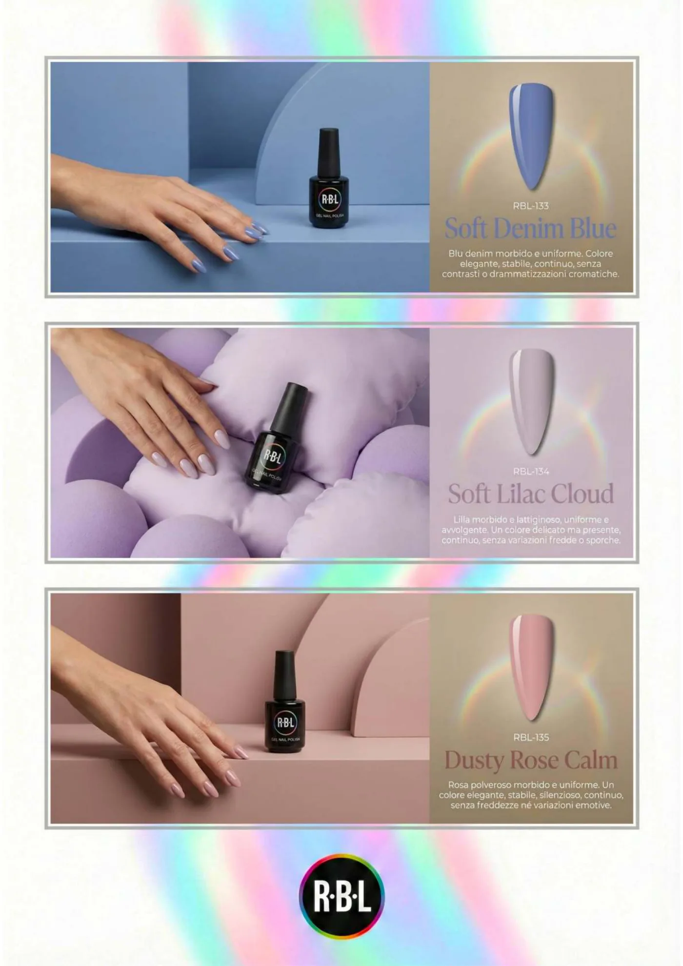 Pagina 84. Pagina dell’atlante cromatico su fondo chiaro. Tre moduli affiancano immagini di manicure, campioni di colore, nomi e codici delle tonalità.