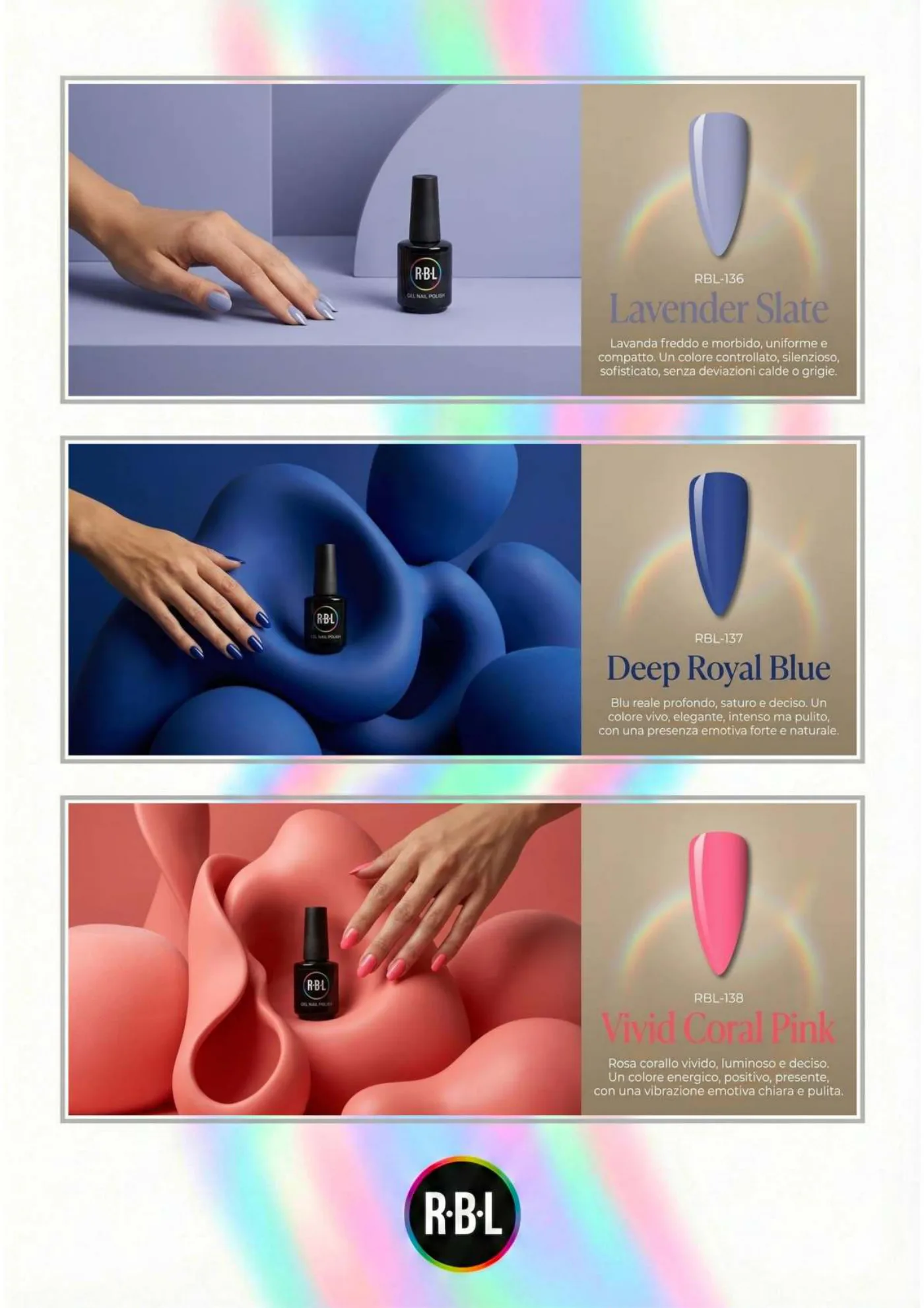 Pagina 85. Pagina dell’atlante cromatico su fondo chiaro. Tre moduli affiancano immagini di manicure, campioni di colore, nomi e codici delle tonalità.