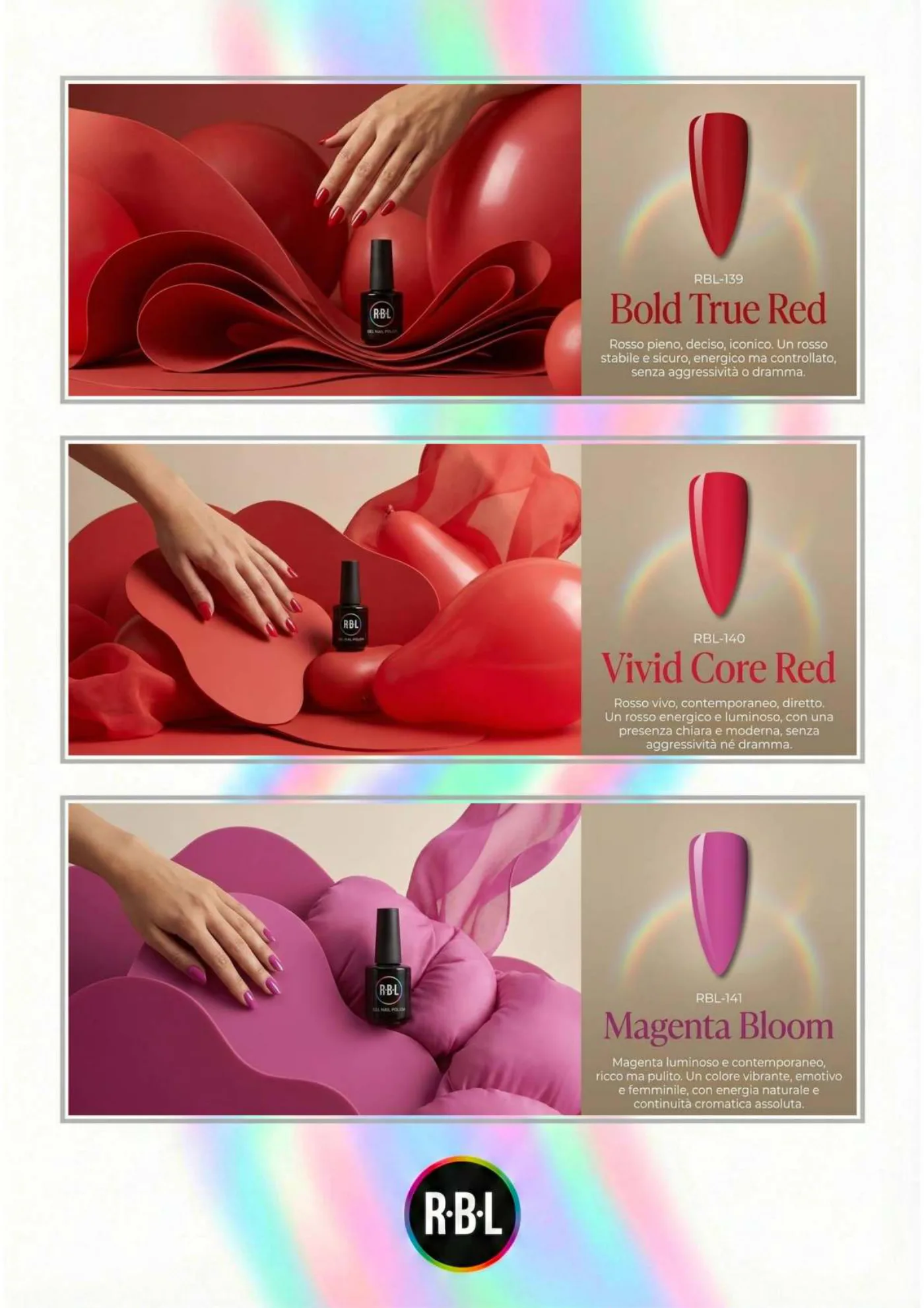 Pagina chiara con campioni Bold True Red, Vivid Coquelicot Red e Magenta Bloom.