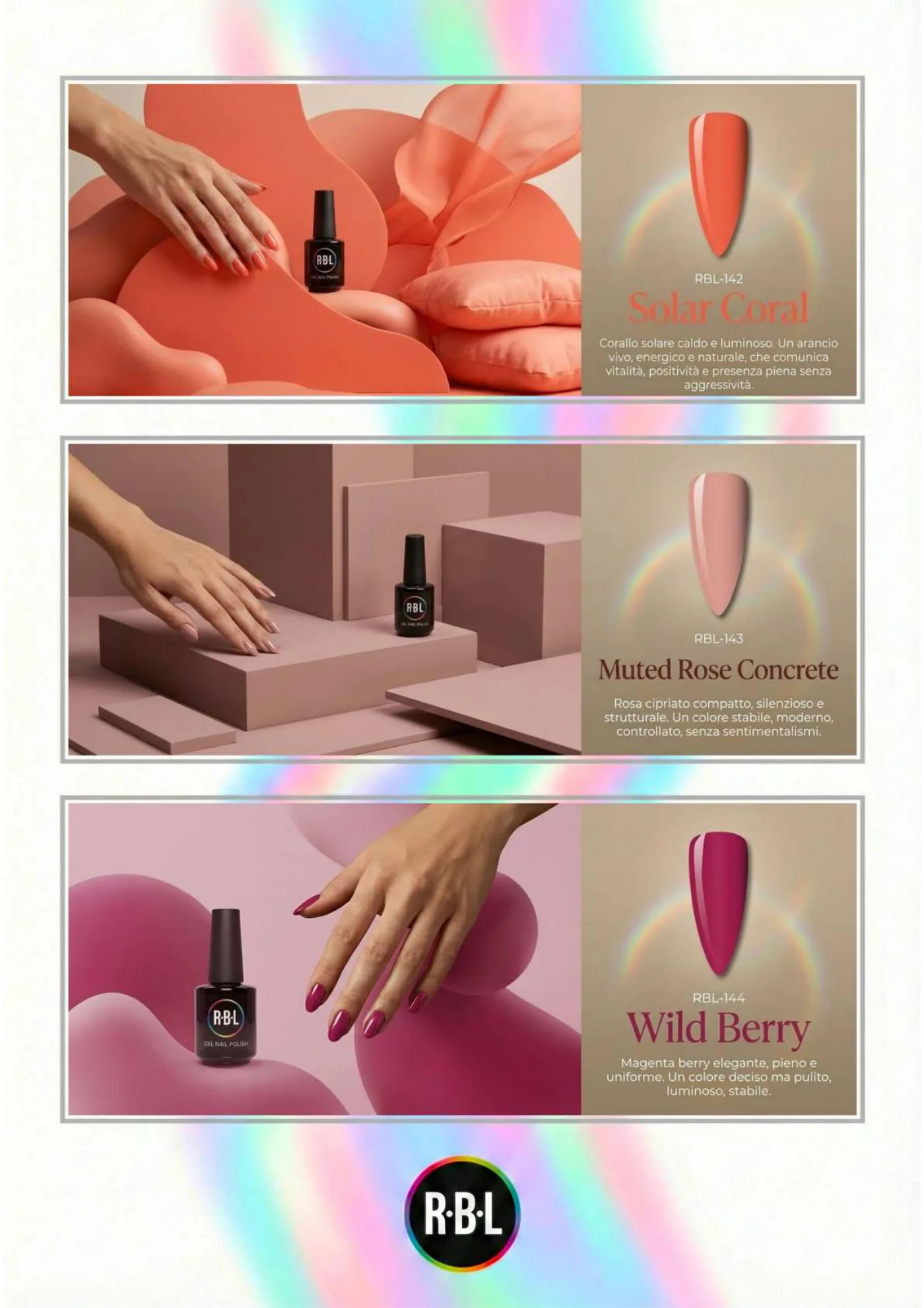 Pagina chiara con campioni Solar Coral, Muted Rose Concrete e Wild Berry.