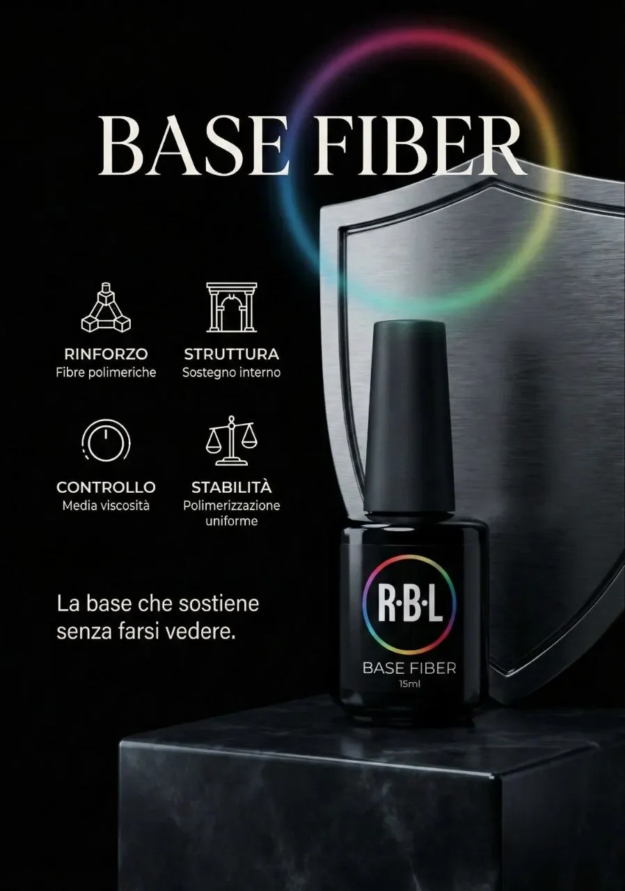 Scheda originale Base Fiber: flacone R·B·L, scudo metallico, halo cromatico e icone delle caratteristiche dichiarate dal brand.