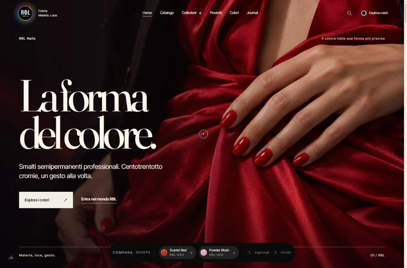 Homepage RBL con barra di confronto e i riferimenti Scarlet Red e Powder Blush.