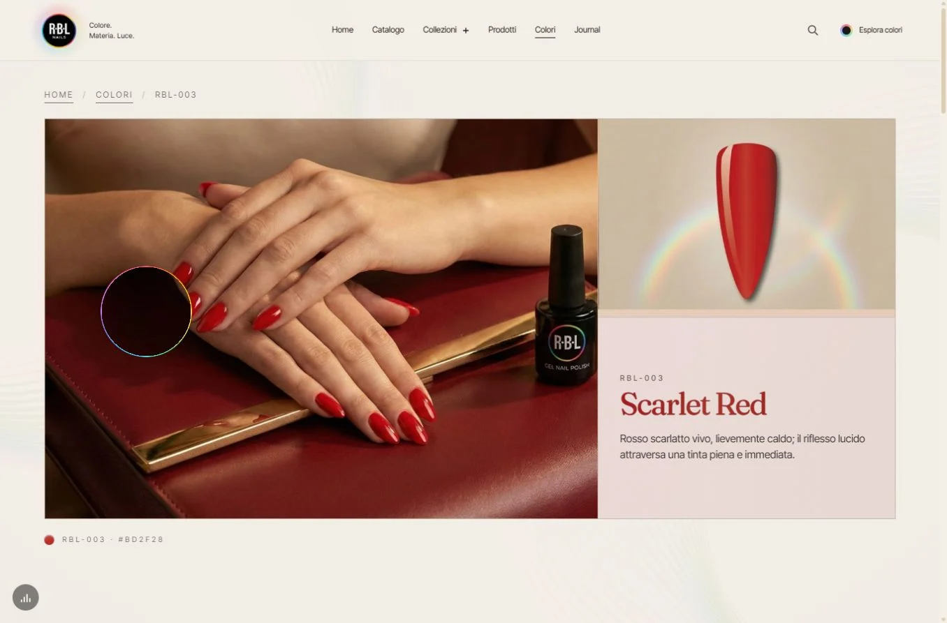 Scheda Scarlet Red, codice RBL-003, con artwork e attributi cromatici.