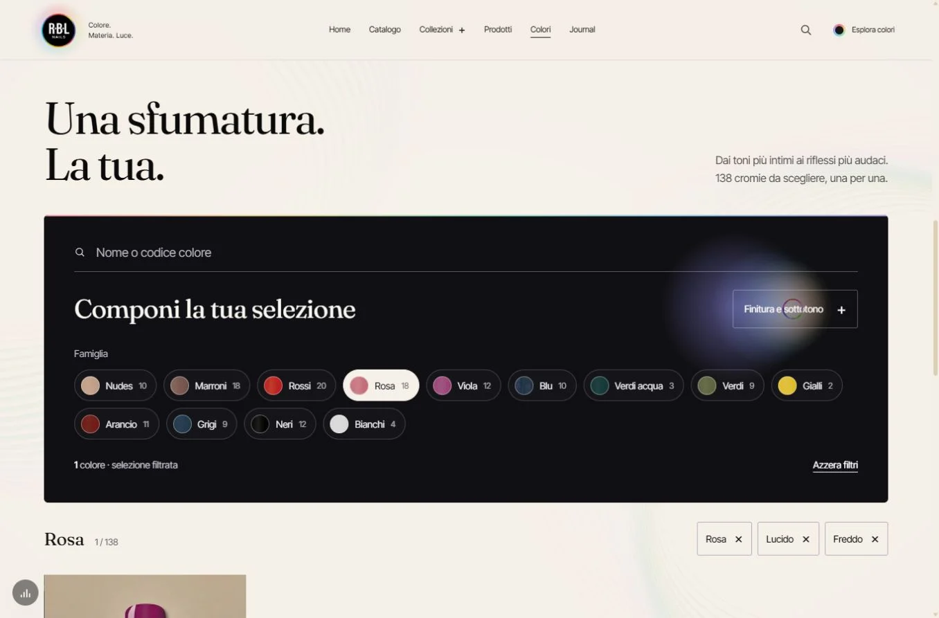 Atlante RBL filtrato per rosa, sottotono freddo e finitura lucida, con un risultato.