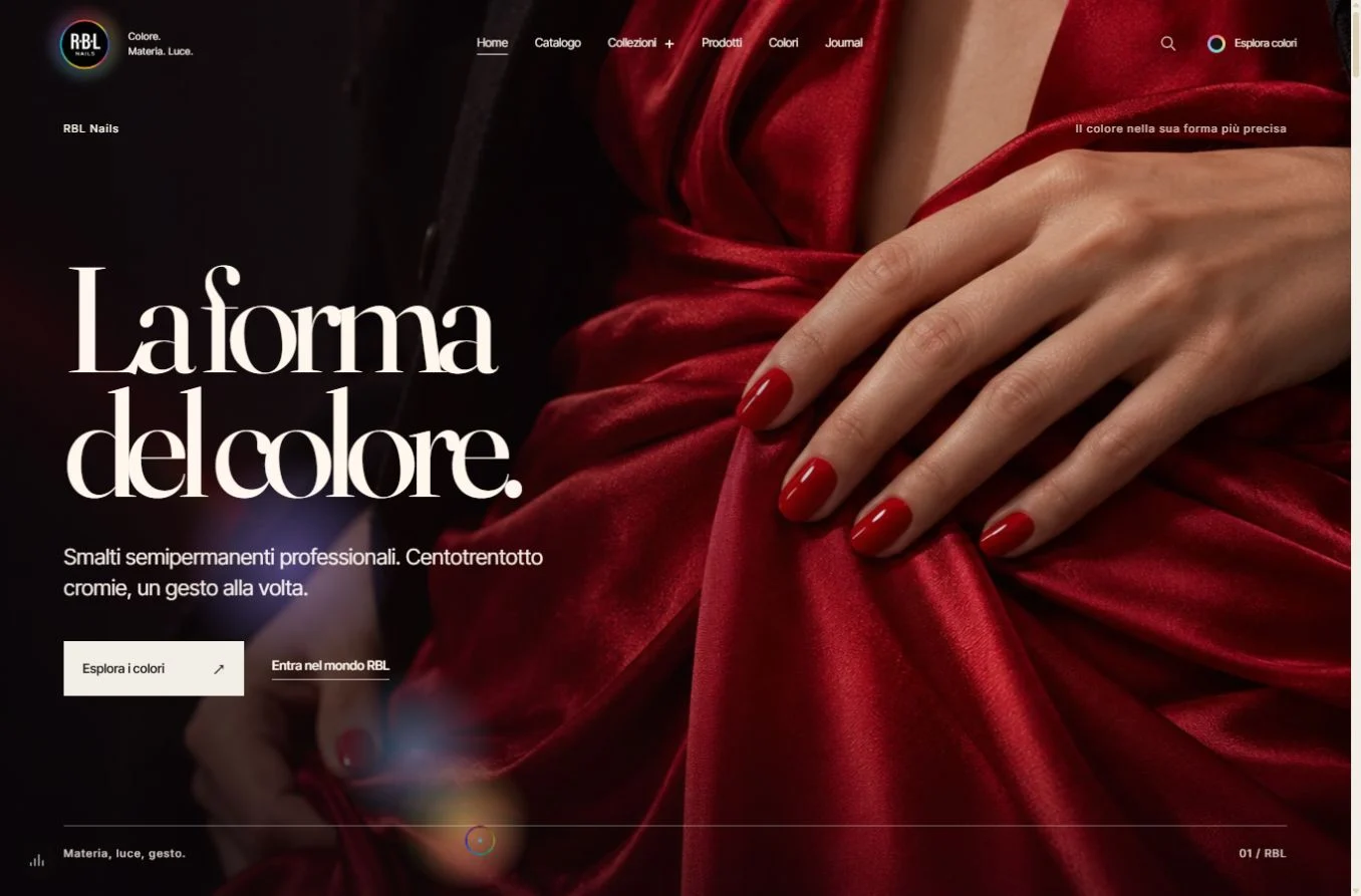 Homepage RBL Nails: titolo La forma del colore e scena manicure rossa.