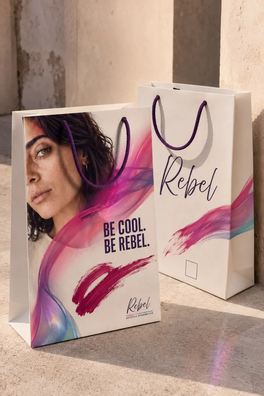 Visualizzazione del sistema Rebel su shopping bag e packaging