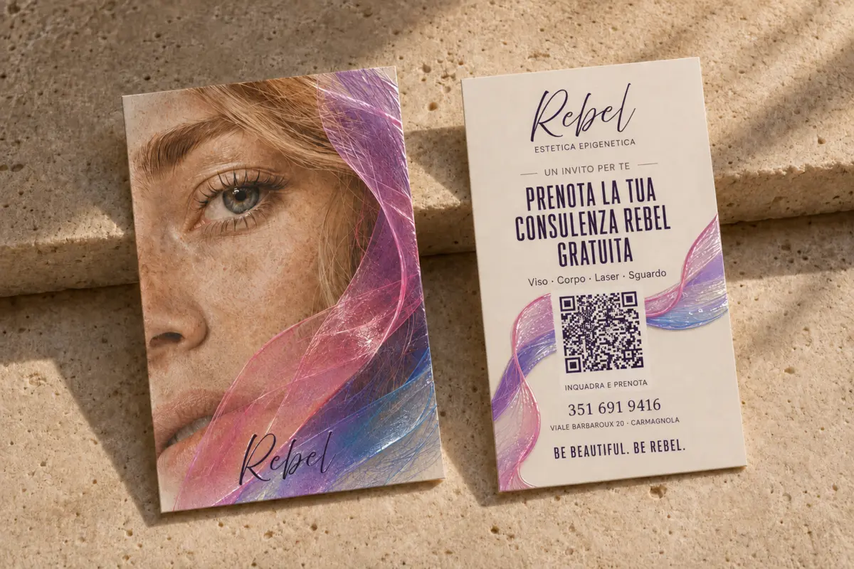 Applicazione visuale Rebel su flyer e materiali coordinati