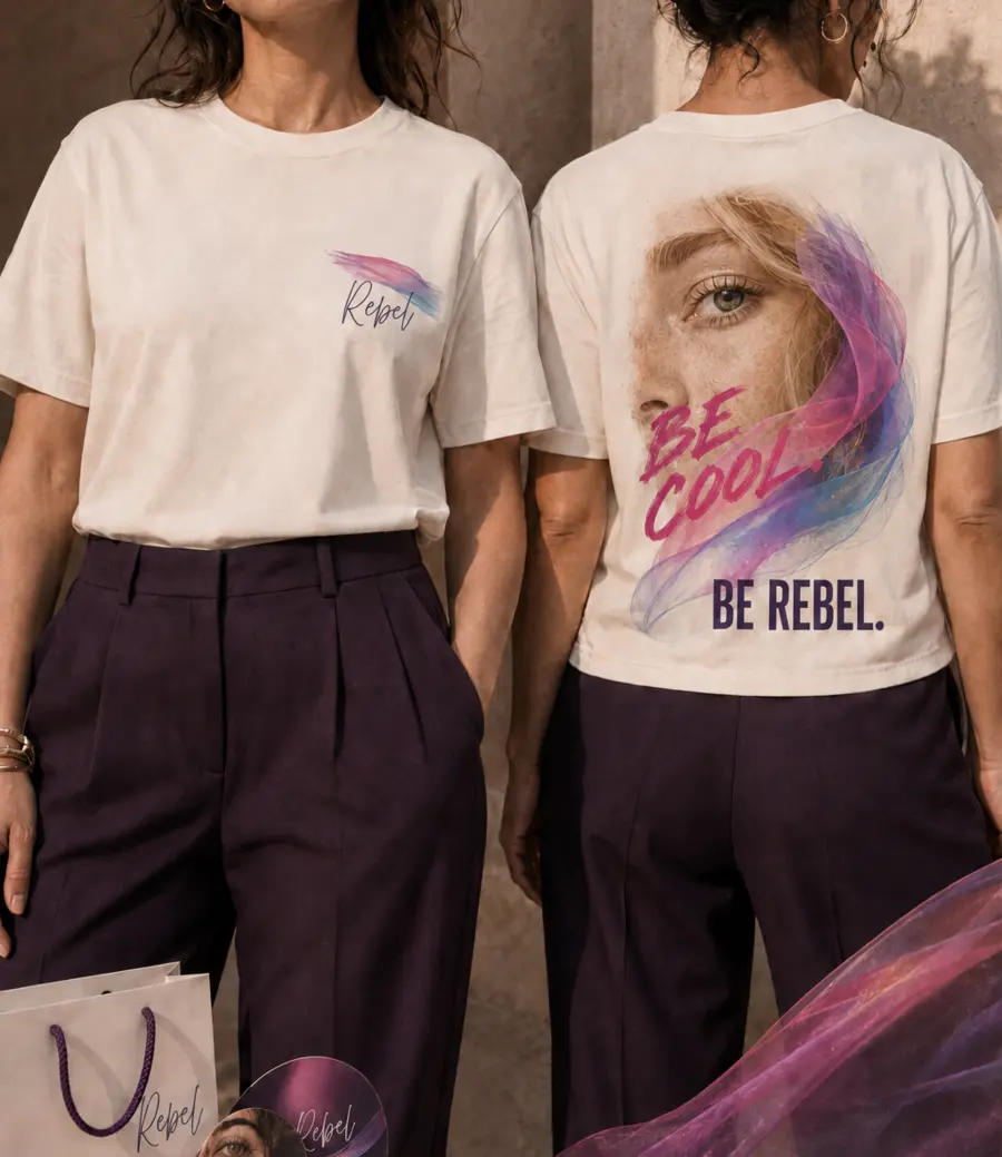 Visualizzazione della firma Rebel applicata a T-shirt e shopper