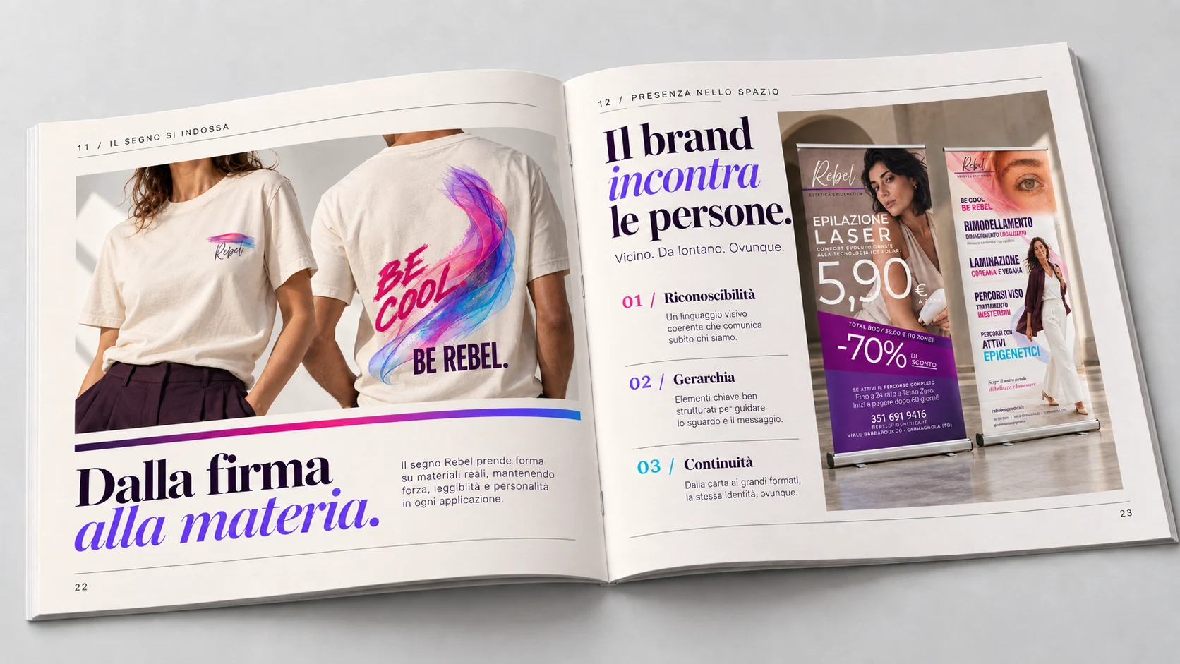 Brand book Rebel: applicazioni del marchio su stampa e abbigliamento