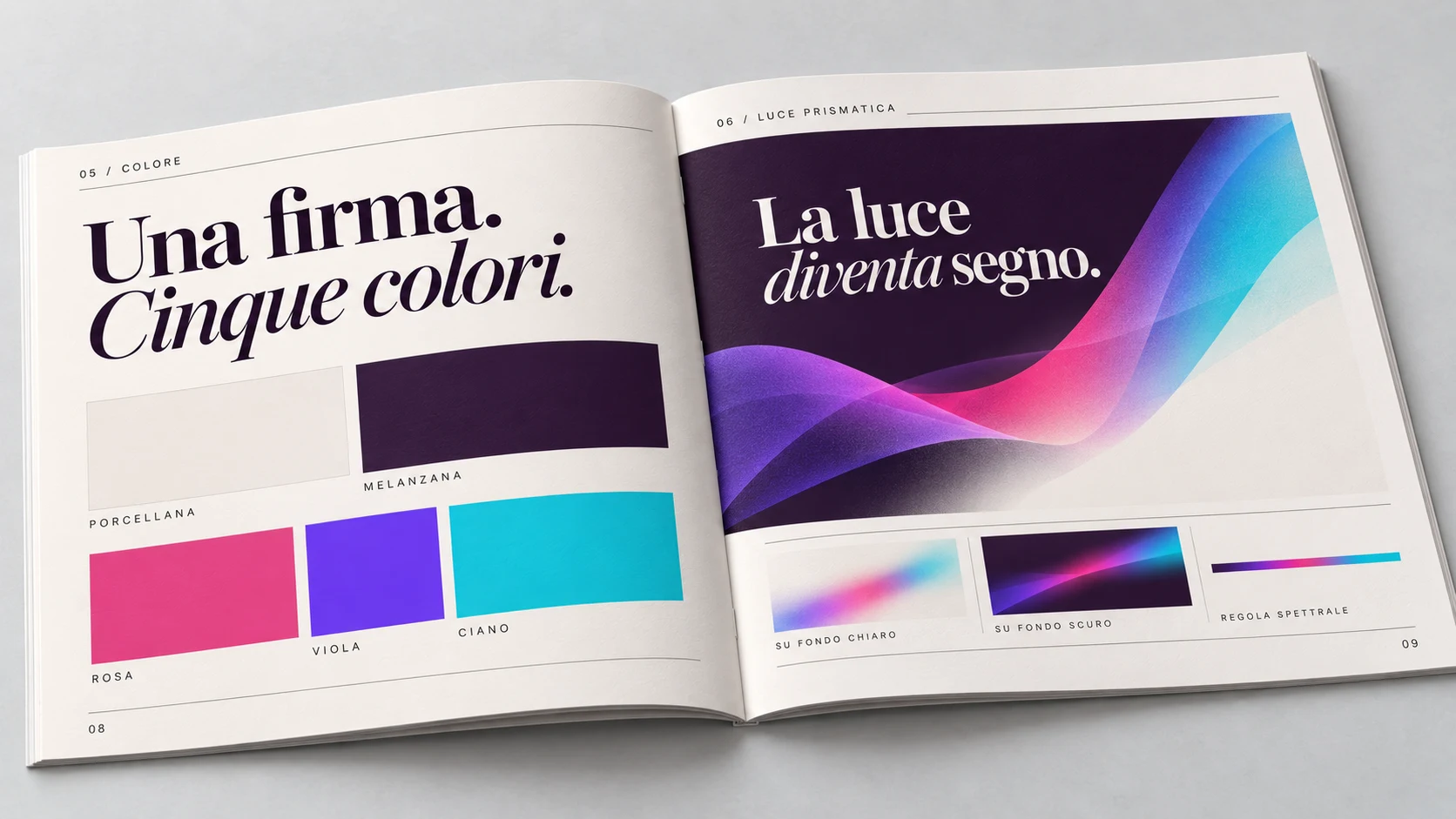 Doppia pagina del brand book Rebel: Colore e luce