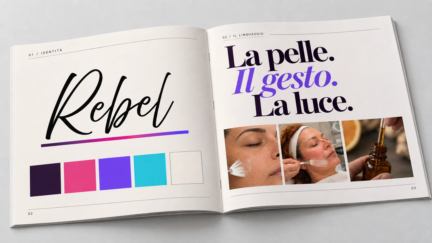 Doppia pagina del brand book Rebel: Firma e linguaggio