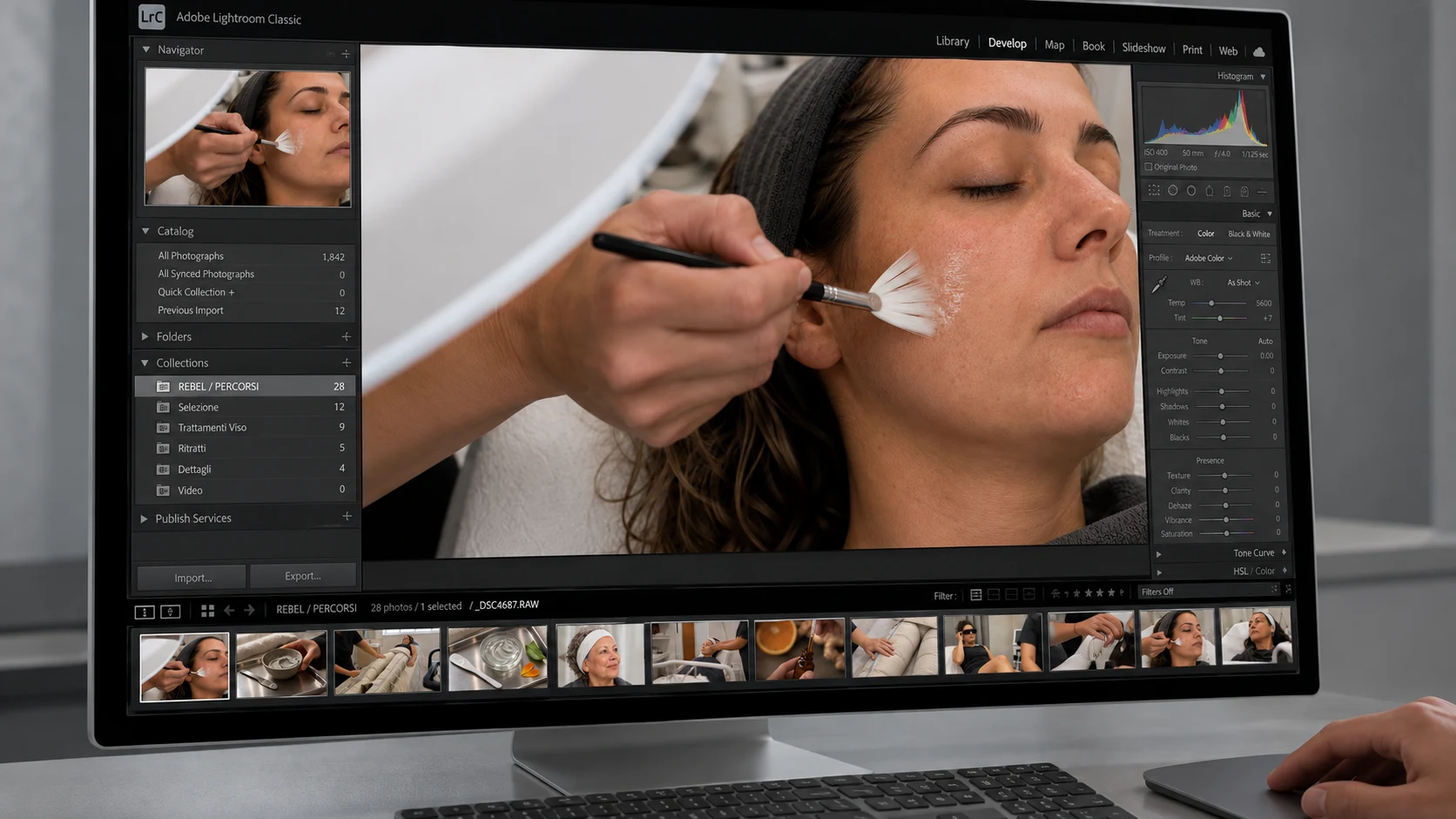Selezione delle immagini Rebel in Lightroom, sul monitor di lavoro