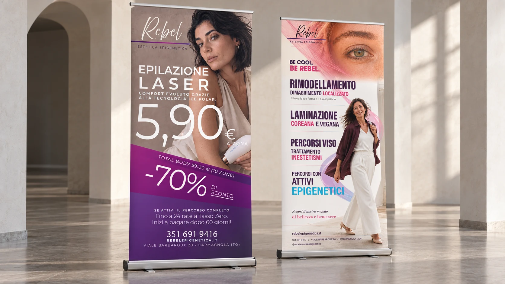 I due roll-up Rebel, laser e metodo, applicati a supporti espositivi