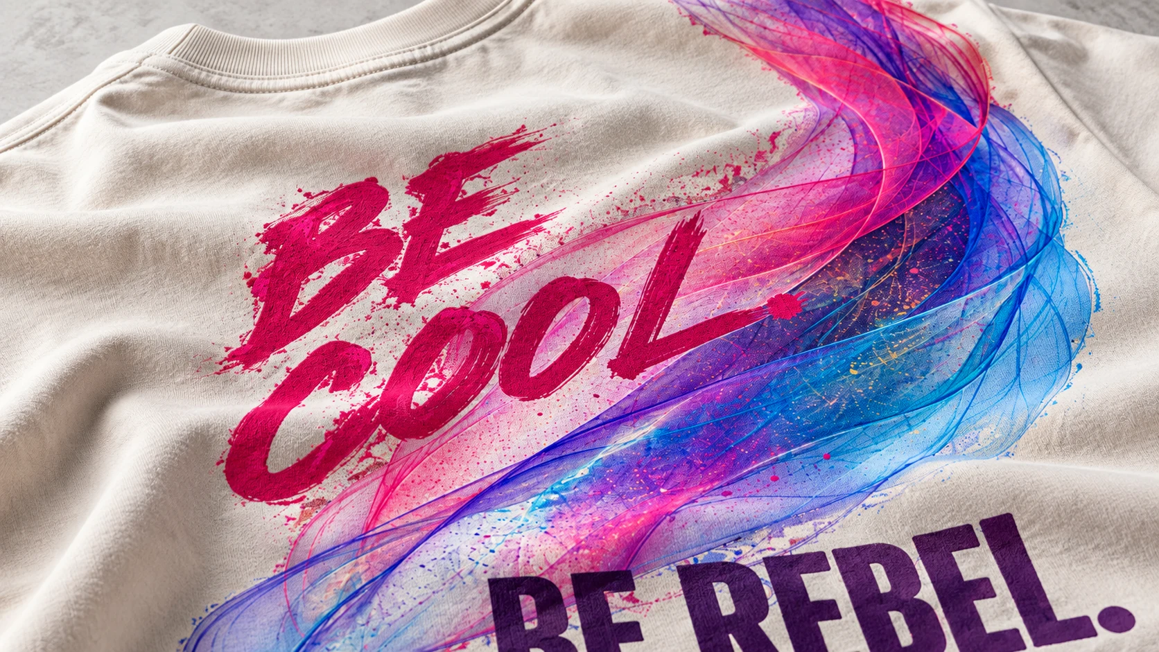Dettaglio della grafica Be Cool Be Rebel e della trama del cotone